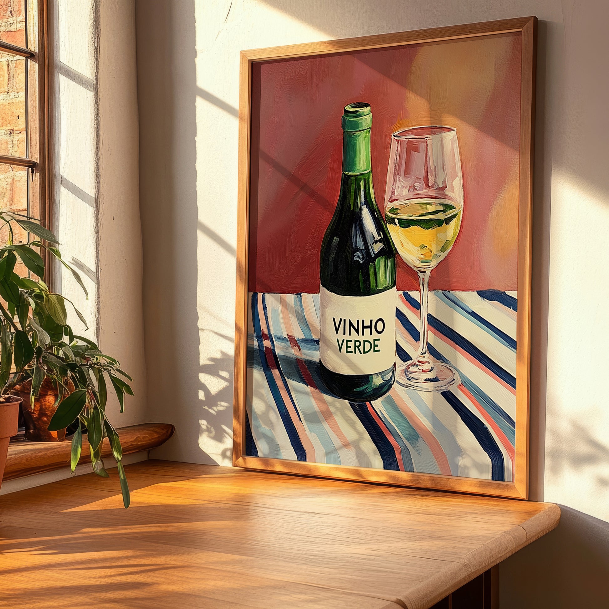Vinho Verde – on Striped Tablecloth, Portuguese Wine Poster, clean layout with no caption
