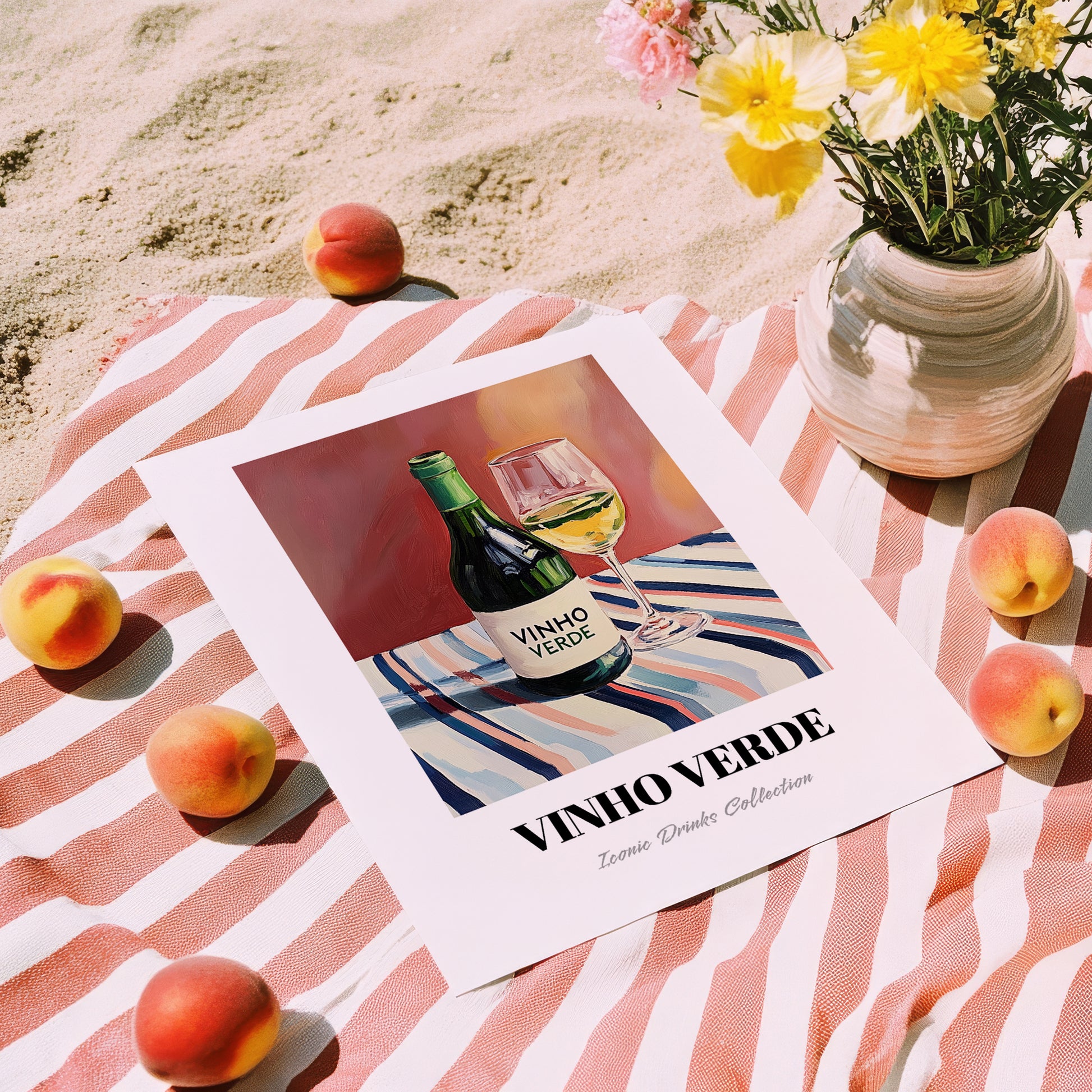 Vinho Verde – on Striped Tablecloth, Portuguese Wine Poster, unframed on coastal sand