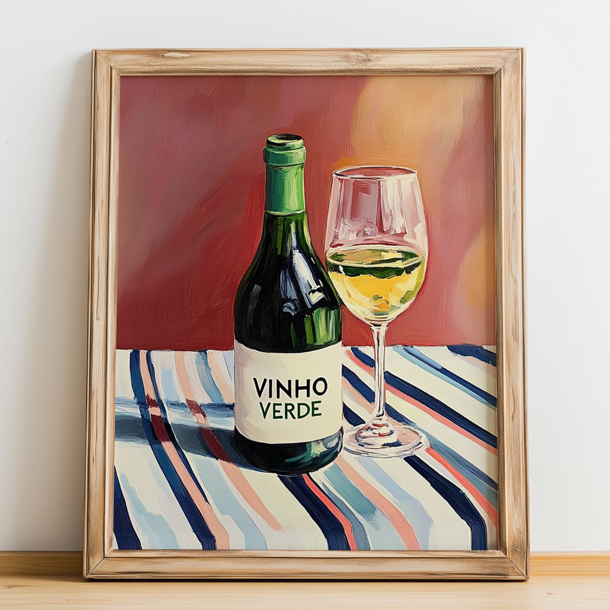 Vinho Verde – on Striped Tablecloth, Portuguese Wine Poster, no-text version framed in wood
