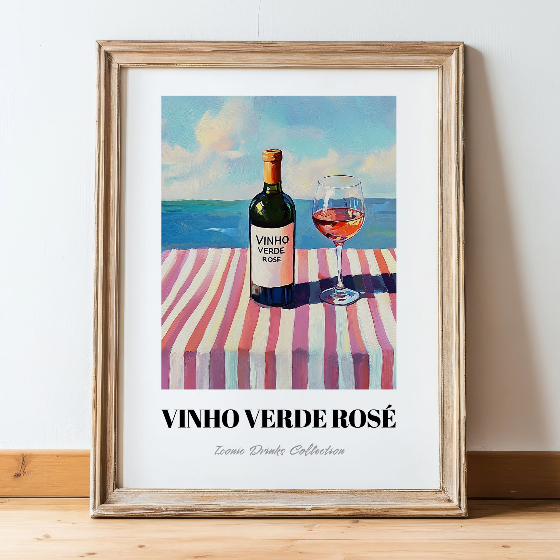Vinho Verde Rosé – Portuguese Coastal Café Moment, Portuguese Wine Illustration, in wooden frame leaning on the floor