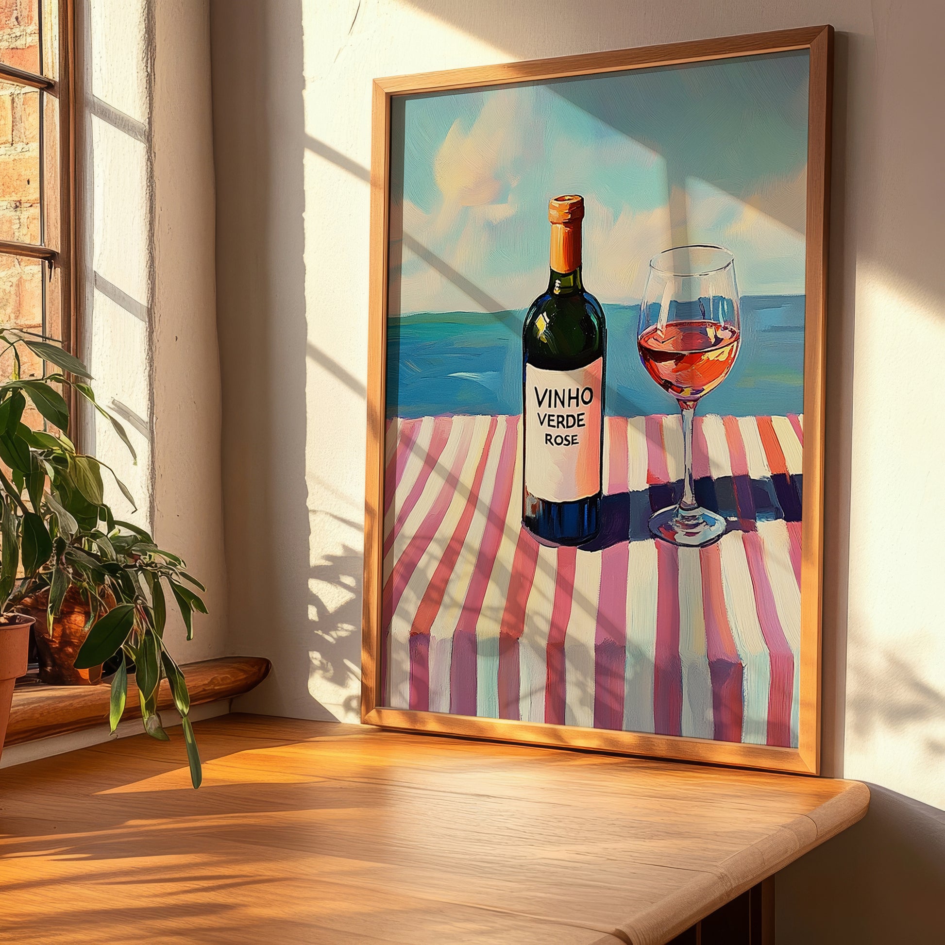 Vinho Verde Rosé – Portuguese Coastal Café Moment, Portuguese Wine Illustration, clean layout with no caption