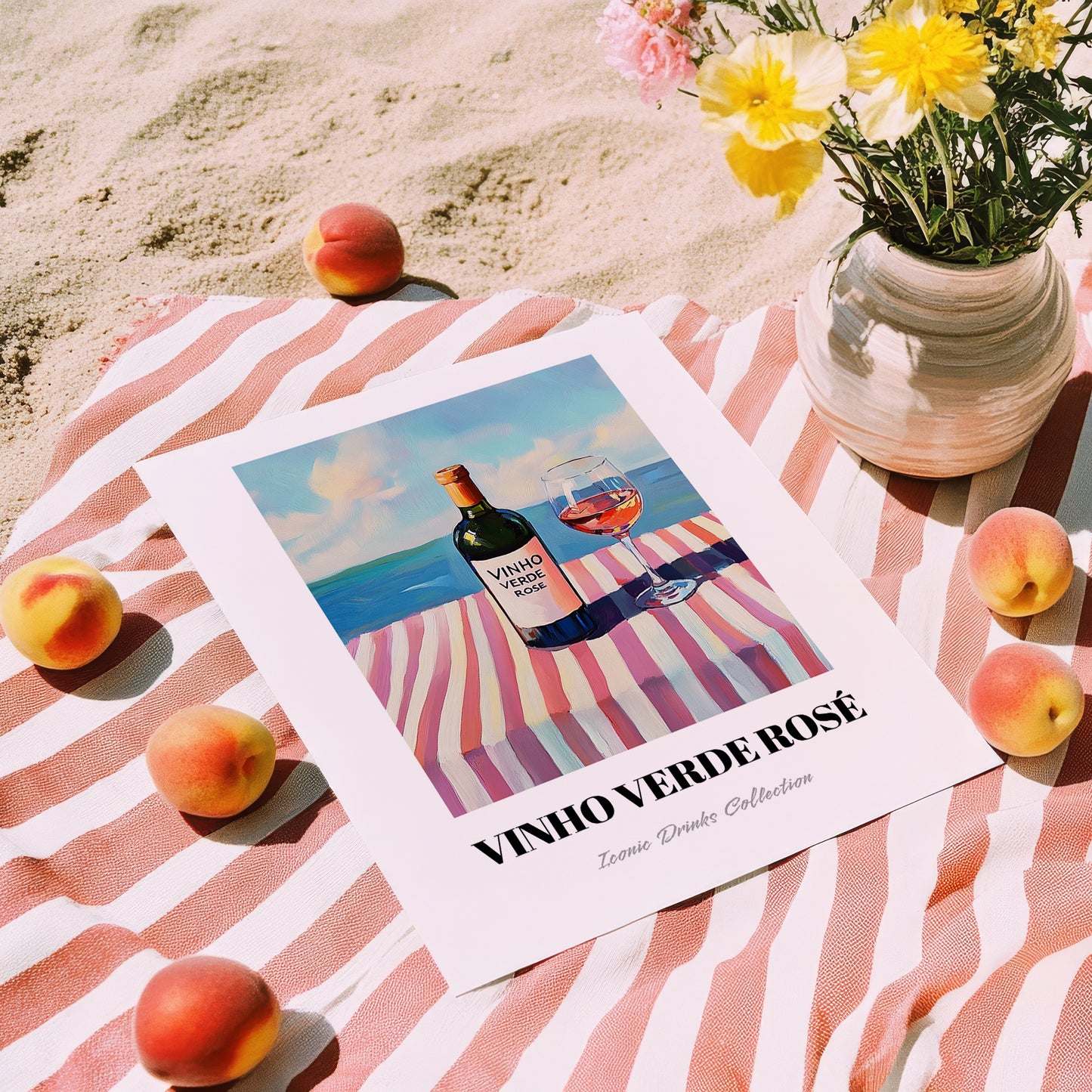 Vinho Verde Rosé – Portuguese Coastal Café Moment, Portuguese Wine Illustration, unframed on coastal sand