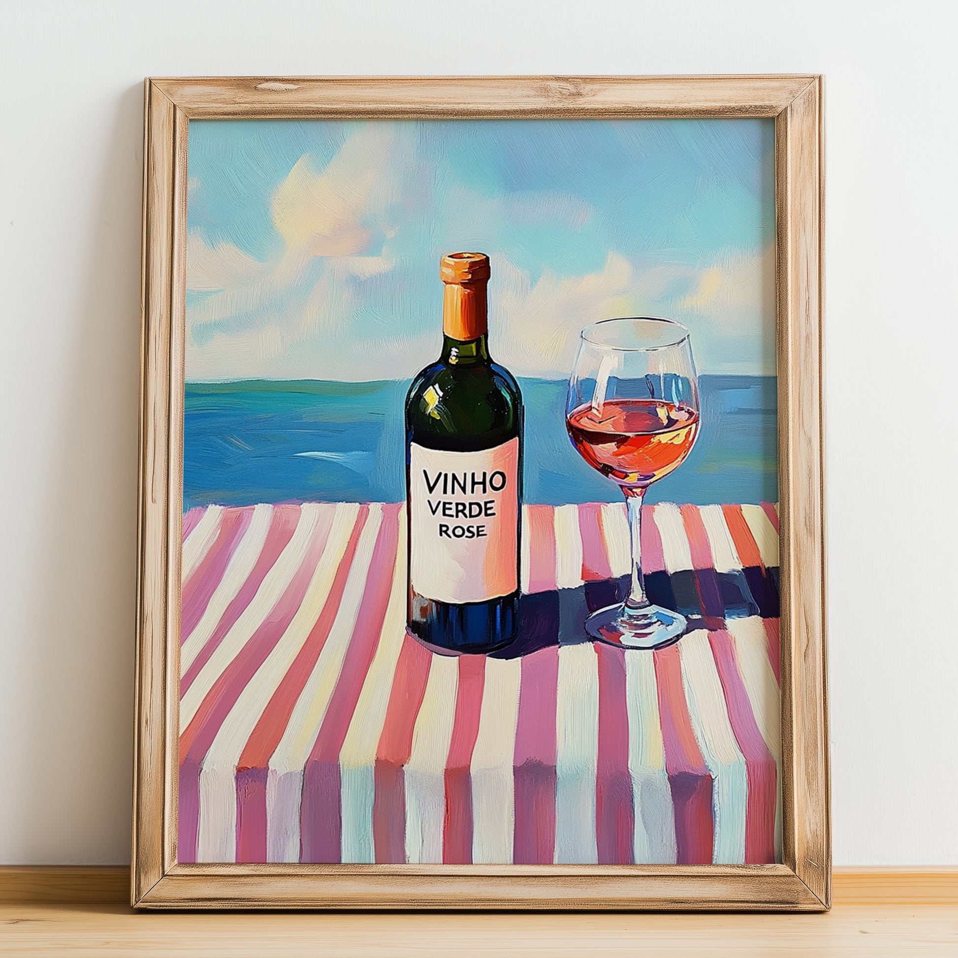 Vinho Verde Rosé – Portuguese Coastal Café Moment, Portuguese Wine Illustration, no-text version framed in wood