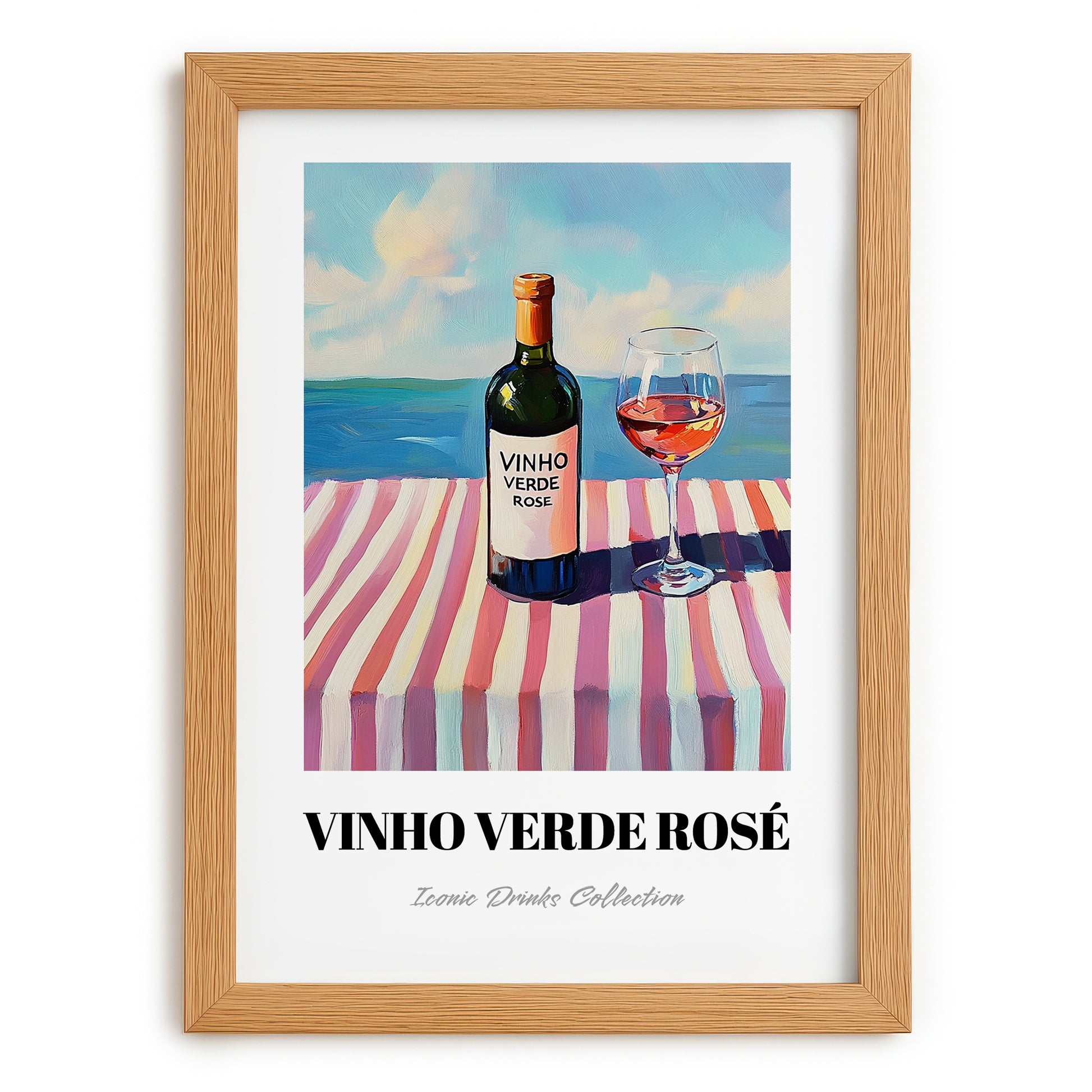 Vinho Verde Rosé – Portuguese Coastal Café Moment, Portuguese Wine Illustration, set in oak frame