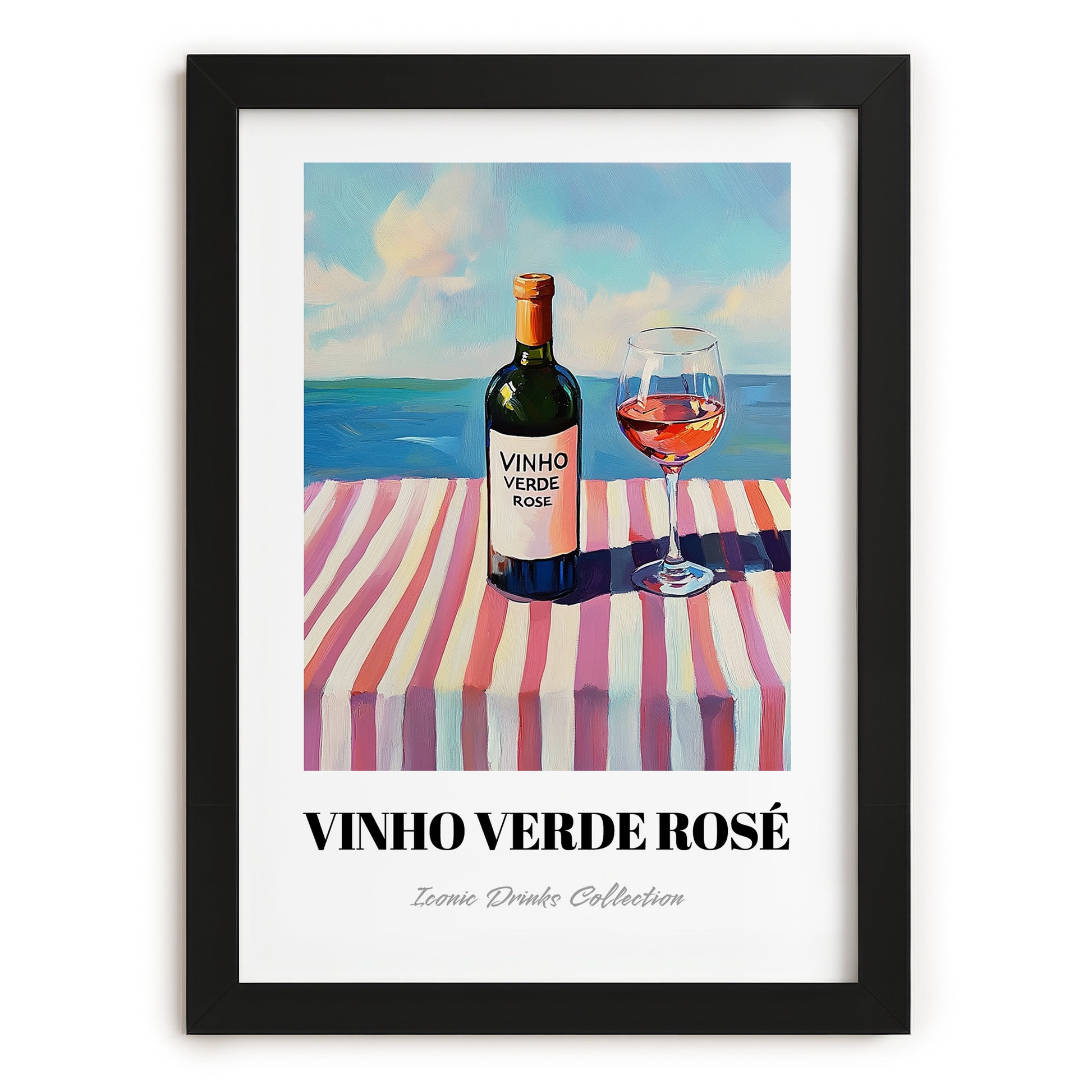 Vinho Verde Rosé – Portuguese Coastal Café Moment, Portuguese Wine Illustration, in sleek black frame