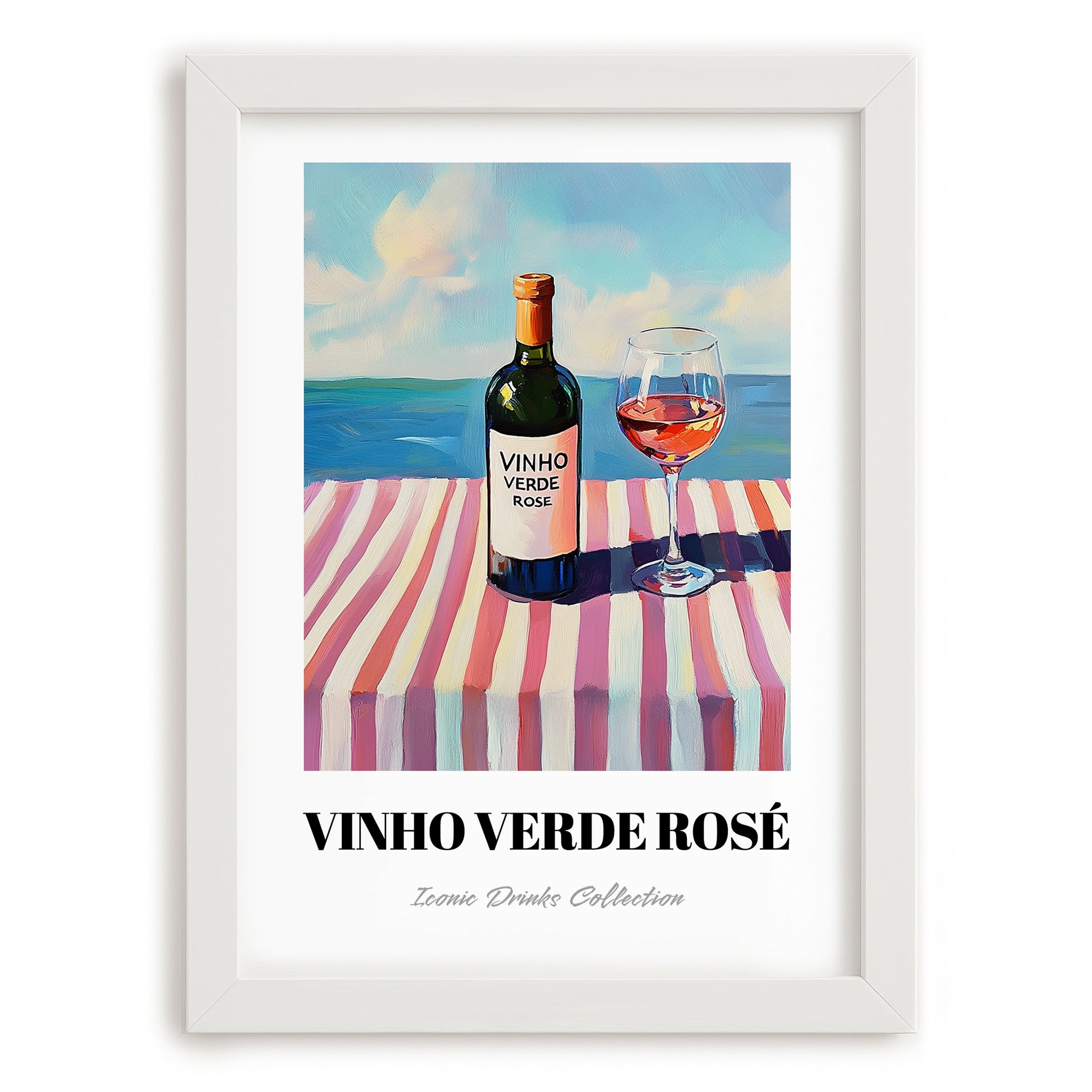 Vinho Verde Rosé – Portuguese Coastal Café Moment, Portuguese Wine Illustration, placed in minimal white frame