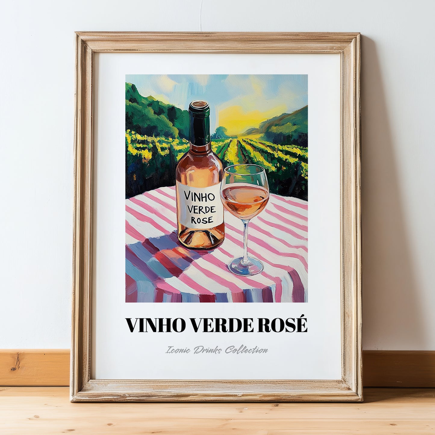 Vinho Verde Rosé – Portuguese Hilltop Café Scene, Portuguese Wine Illustration, in wooden frame leaning on the floor