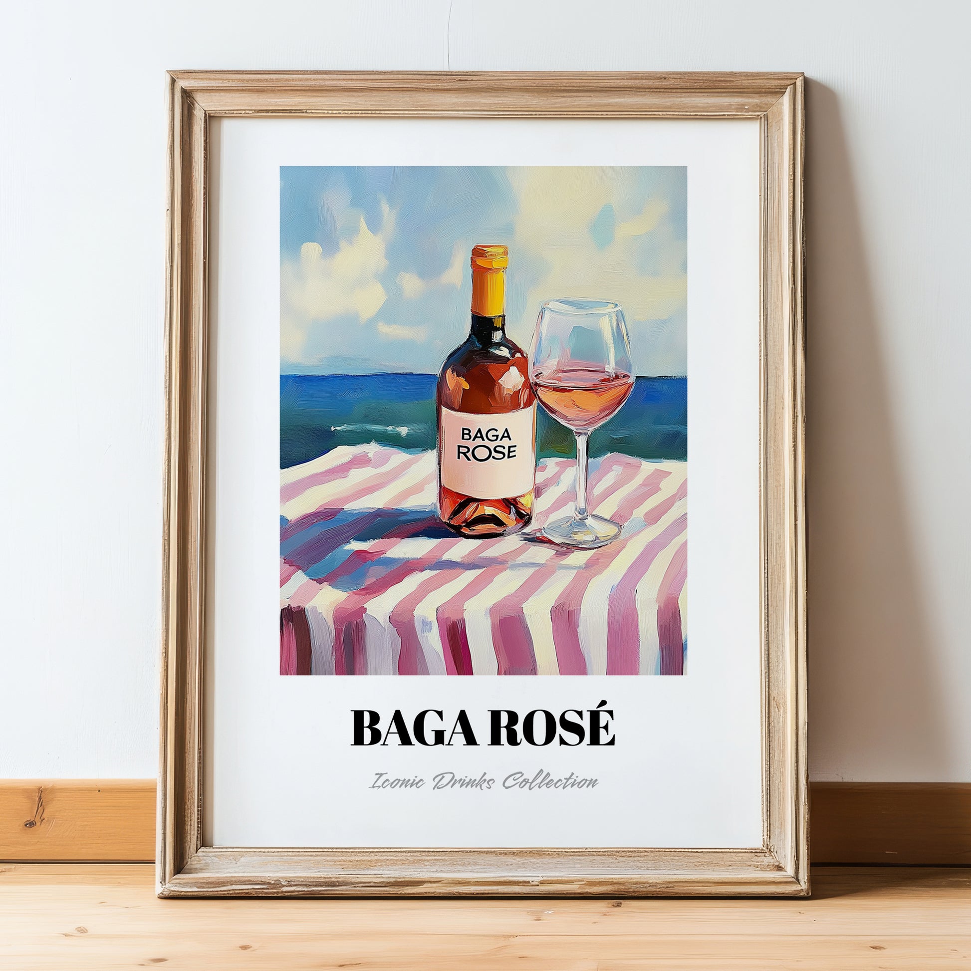 Baga Rosé – Portuguese Seaside Scene, Portuguese Wine Poster, in wooden frame leaning on the floor