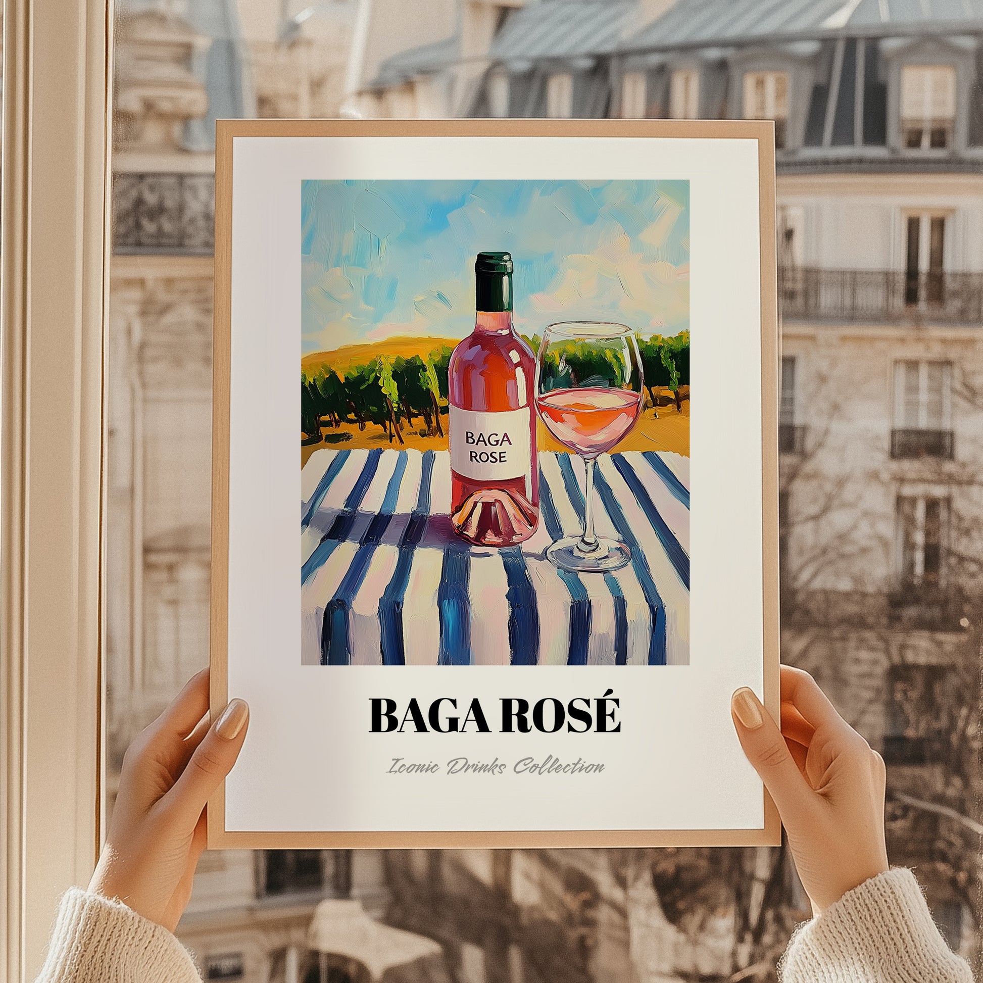 Baga Rosé – Portuguese Hilltop Café Scene, Portuguese Wine Wall Illustration, styled in a charming Paris street view