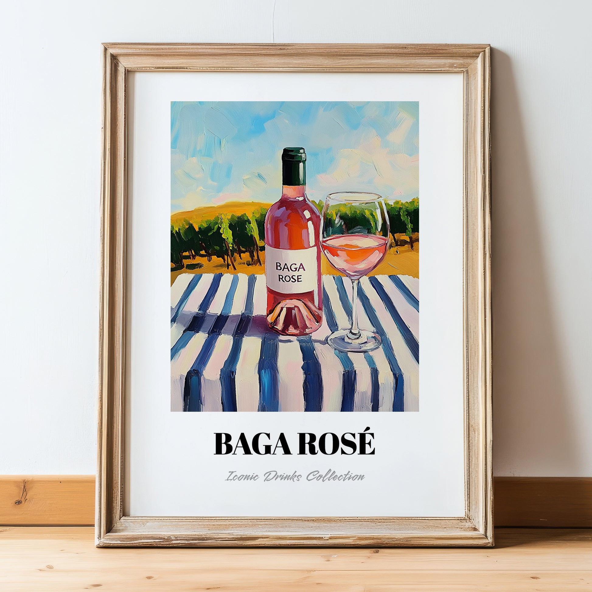 Baga Rosé – Portuguese Hilltop Café Scene, Portuguese Wine Wall Illustration, in wooden frame leaning on the floor