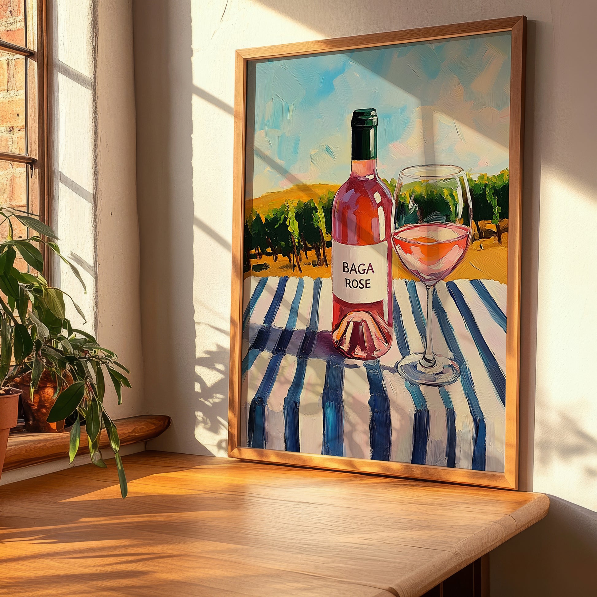 Baga Rosé – Portuguese Hilltop Café Scene, Portuguese Wine Wall Illustration, clean layout with no caption
