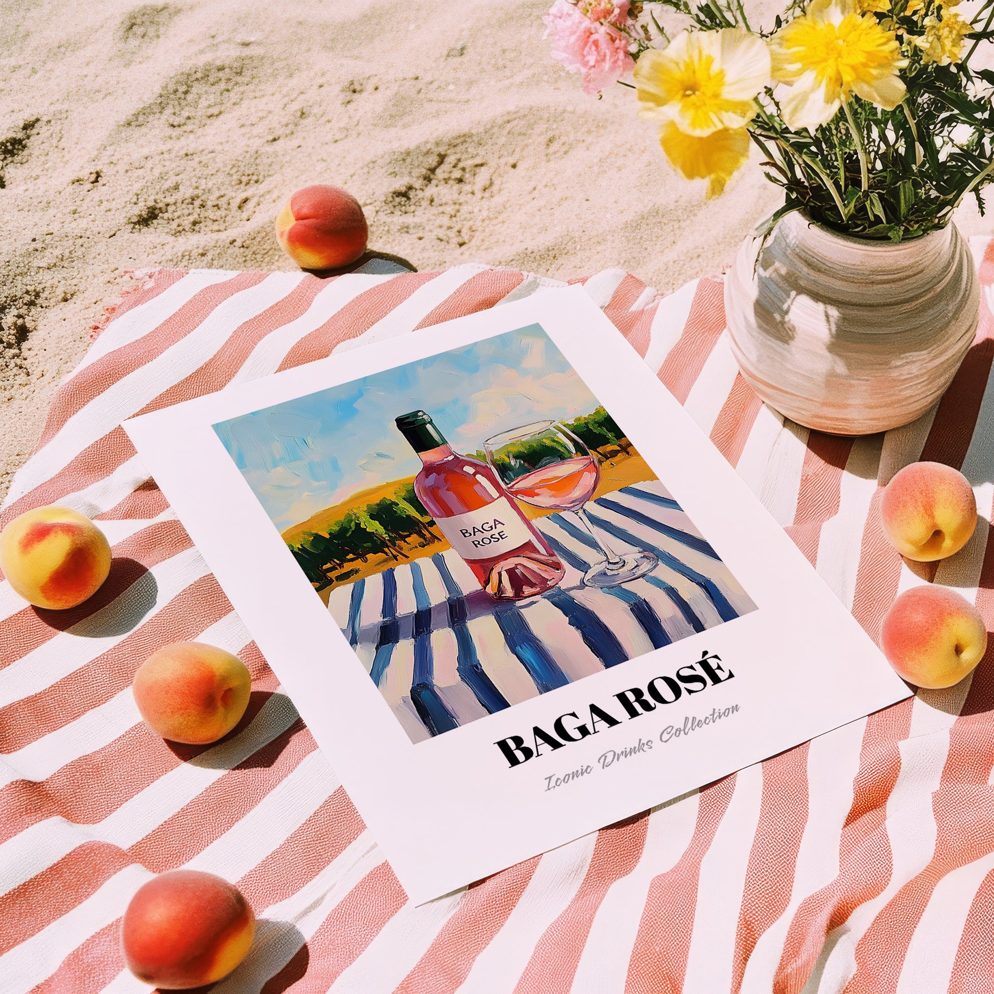 Baga Rosé – Portuguese Hilltop Café Scene, Portuguese Wine Wall Illustration, unframed on coastal sand