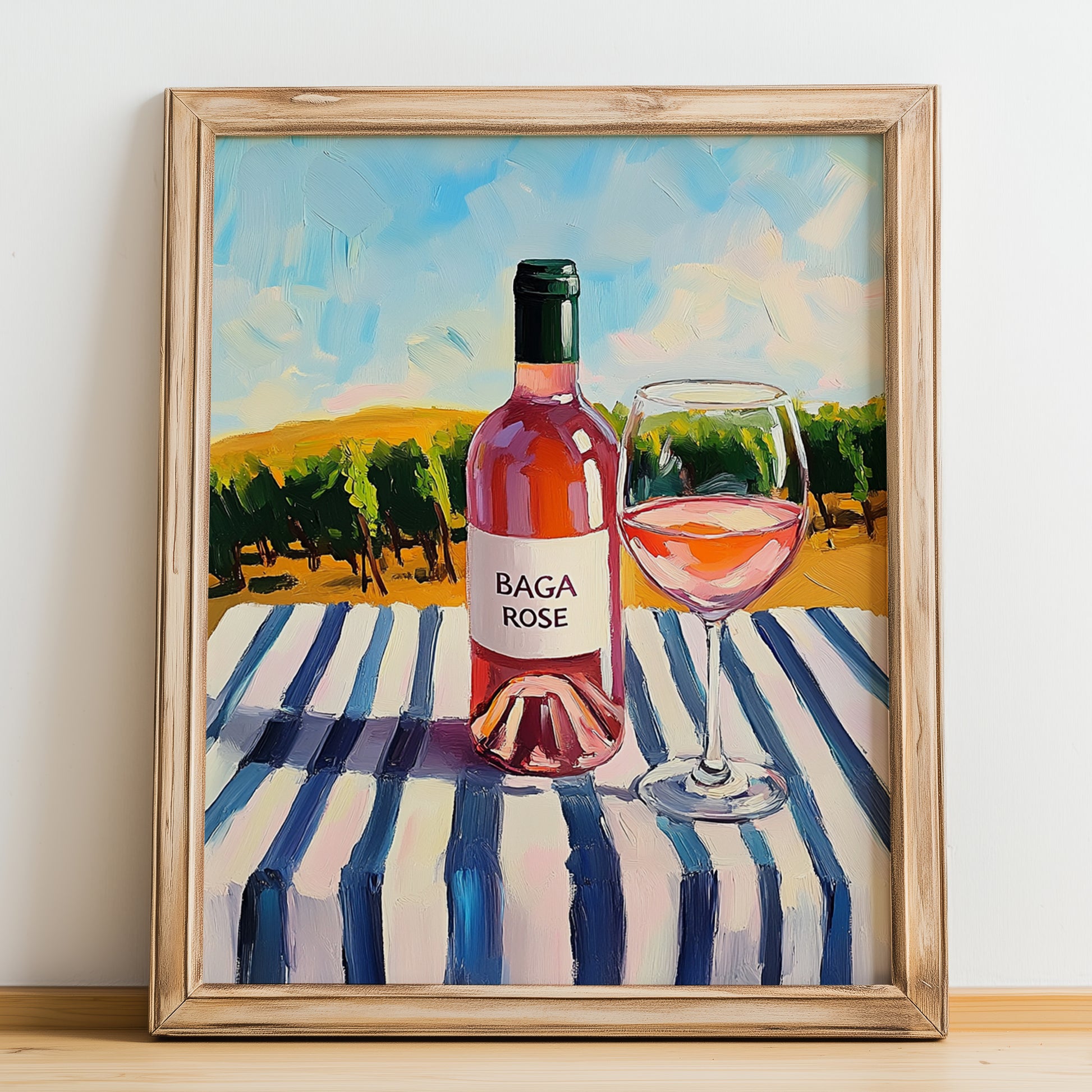Baga Rosé – Portuguese Hilltop Café Scene, Portuguese Wine Wall Illustration, no-text version framed in wood