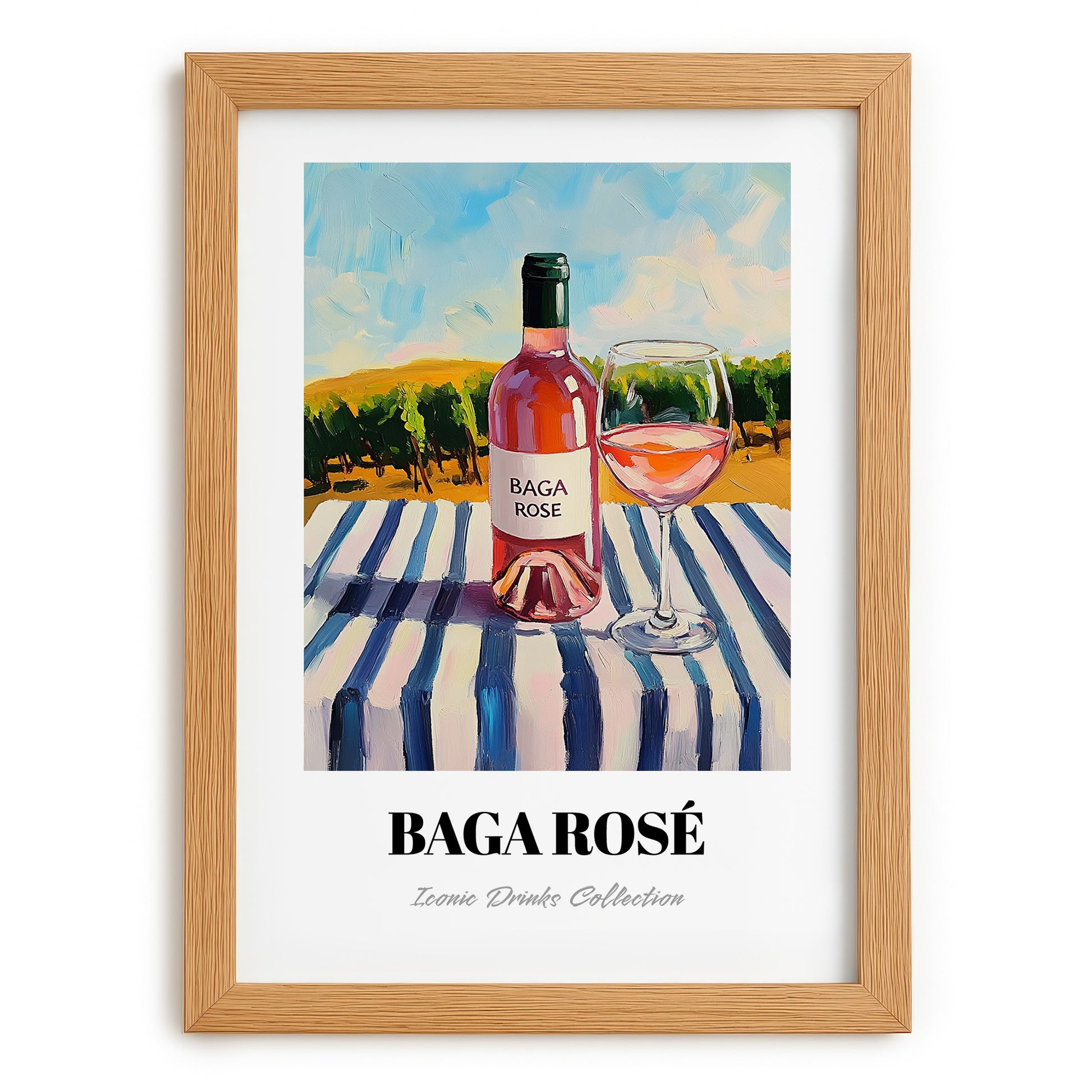 Baga Rosé – Portuguese Hilltop Café Scene, Portuguese Wine Wall Illustration, set in oak frame