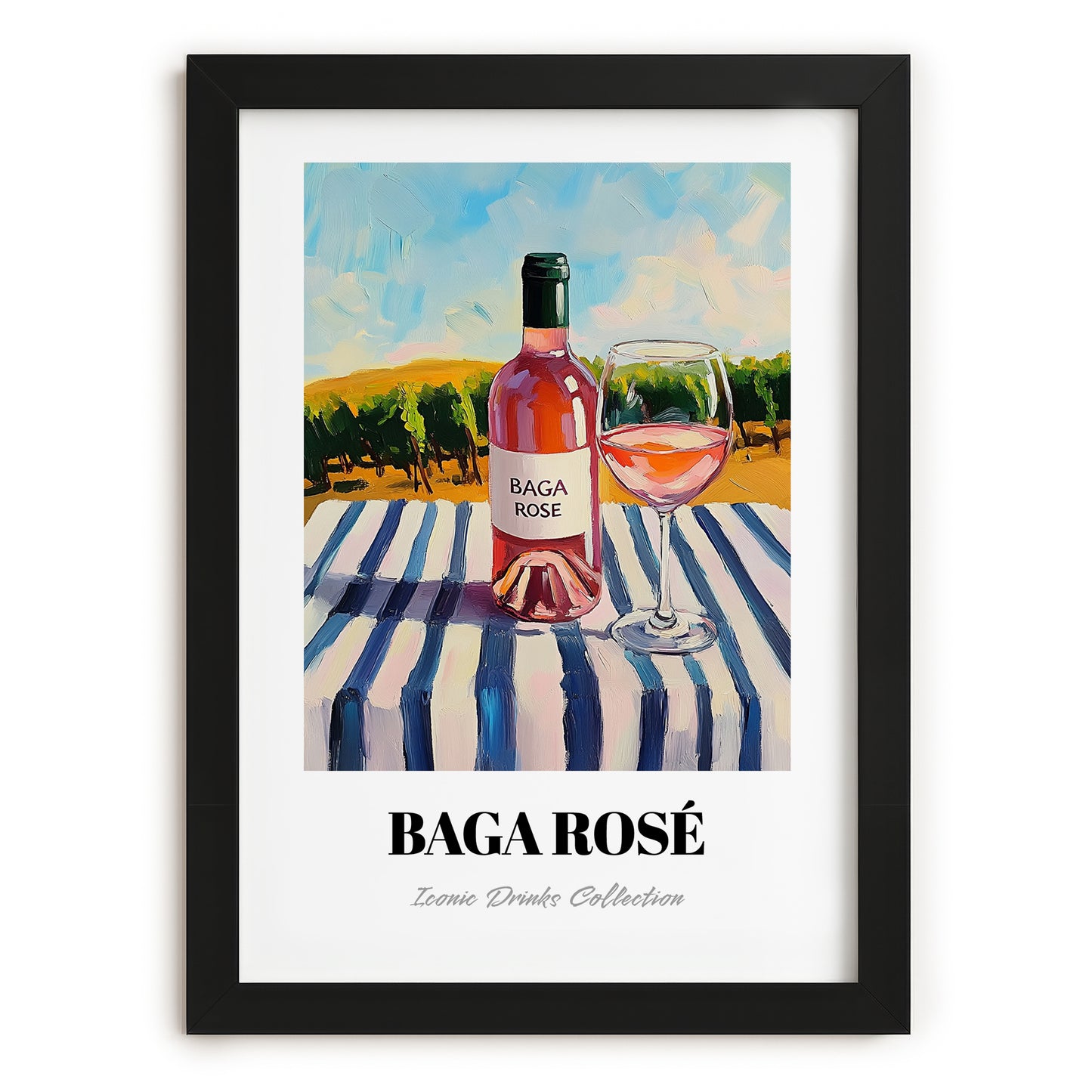 Baga Rosé – Portuguese Hilltop Café Scene, Portuguese Wine Wall Illustration, in sleek black frame