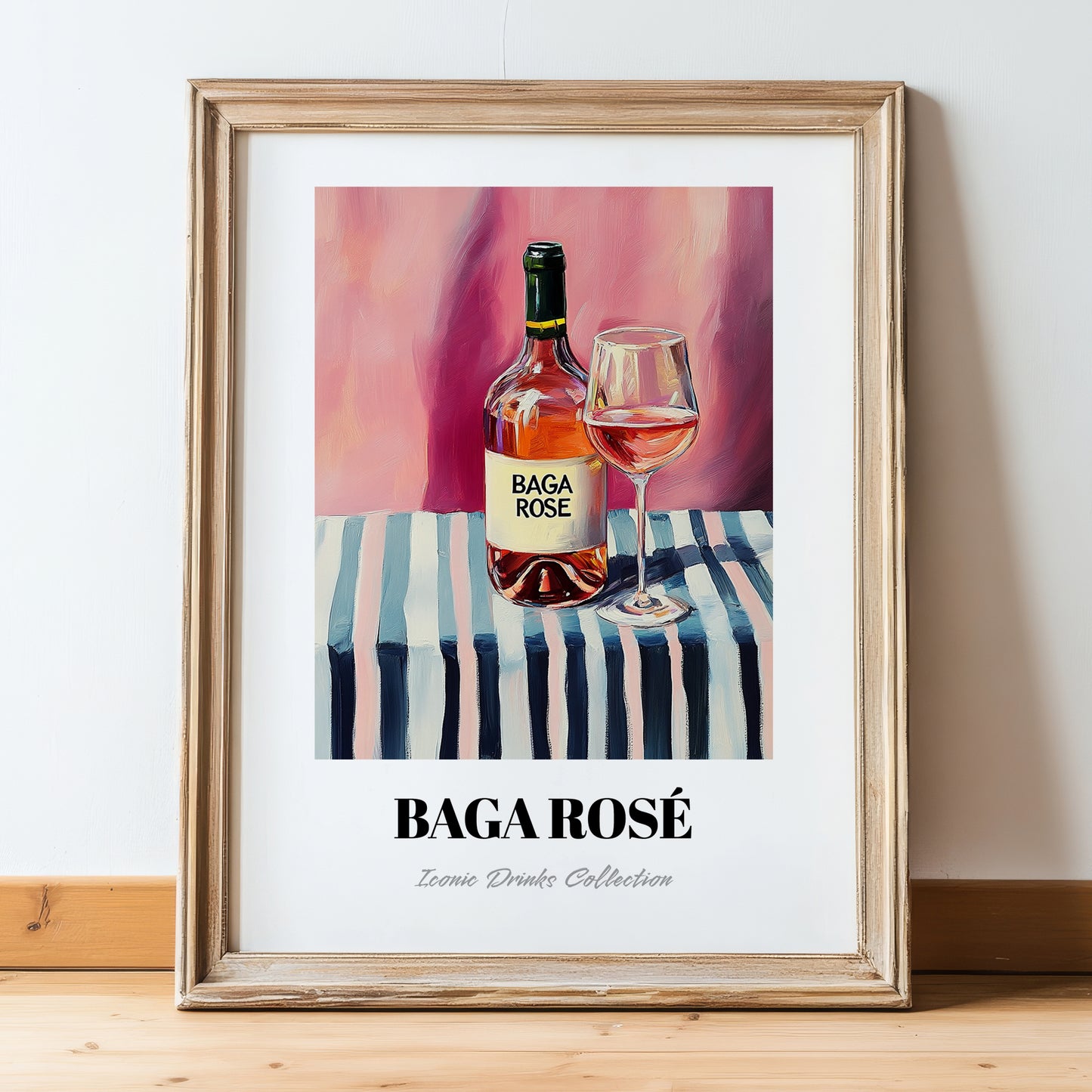 Baga Rosé – on Striped Tablecloth, Portuguese Wine Still Life, in wooden frame leaning on the floor