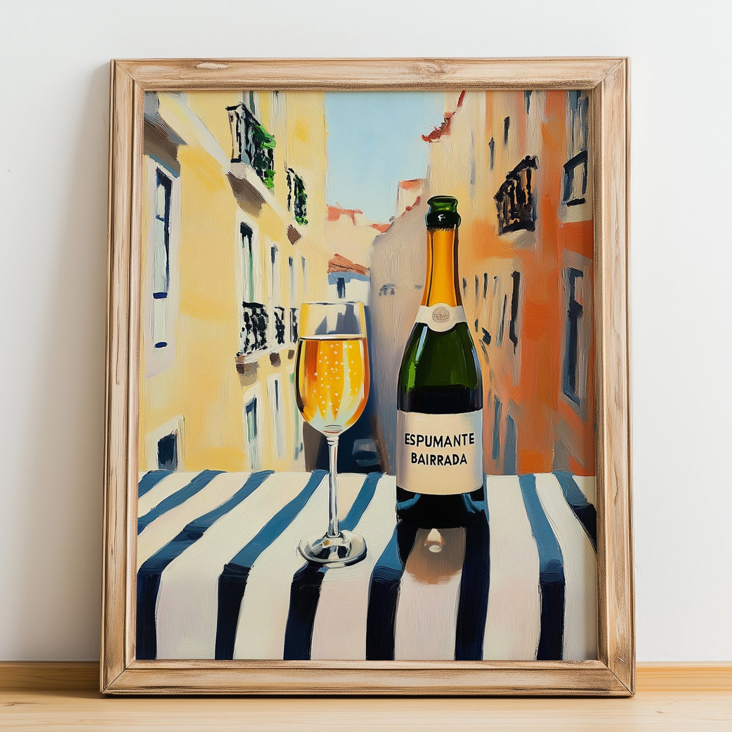 Espumante Bairrada – Portuguese Outdoor Café Scene, Portuguese Sparkling Wine Wall Poster, no-text version framed in wood