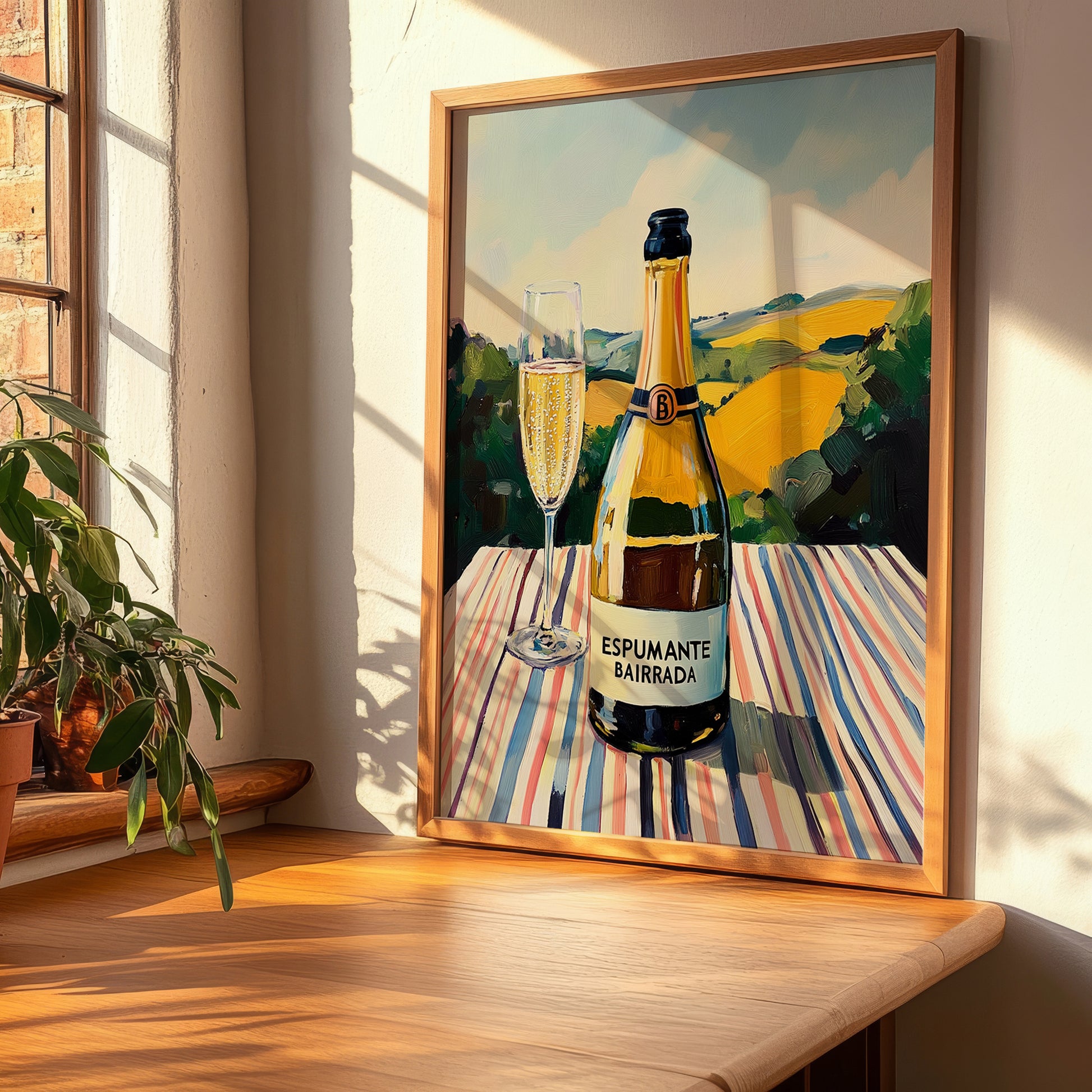 Espumante Bairrada – Portuguese Hilltop Table Scene, Portuguese Sparkling Wine Illustration, clean layout with no caption