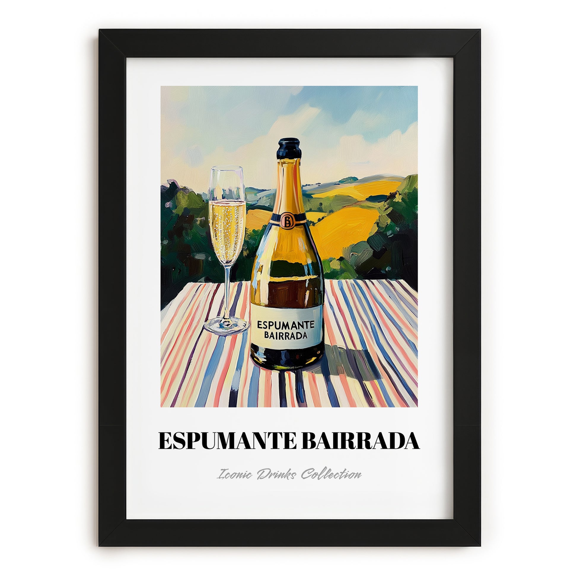 Espumante Bairrada – Portuguese Hilltop Table Scene, Portuguese Sparkling Wine Illustration, in sleek black frame