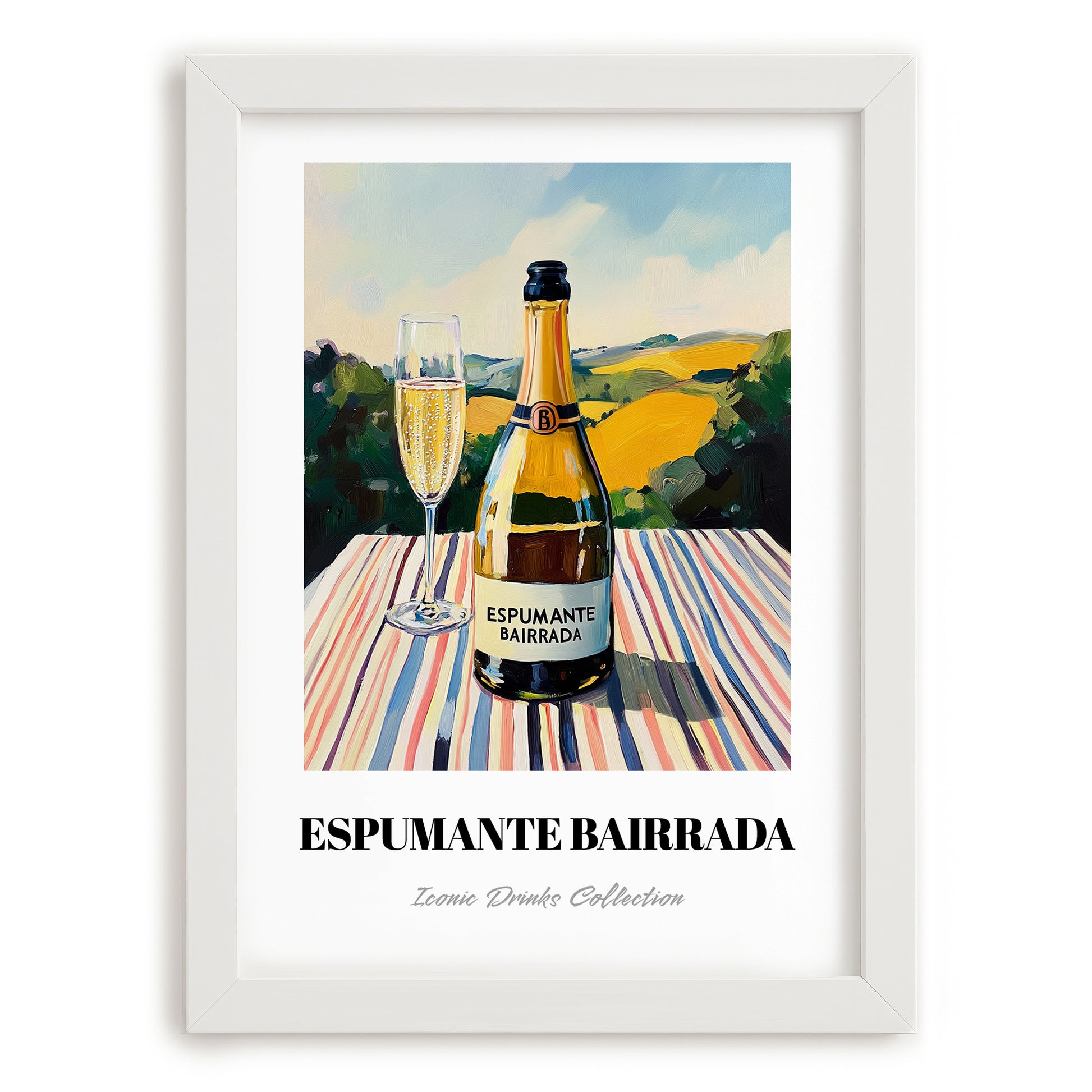 Espumante Bairrada – Portuguese Hilltop Table Scene, Portuguese Sparkling Wine Illustration, placed in minimal white frame