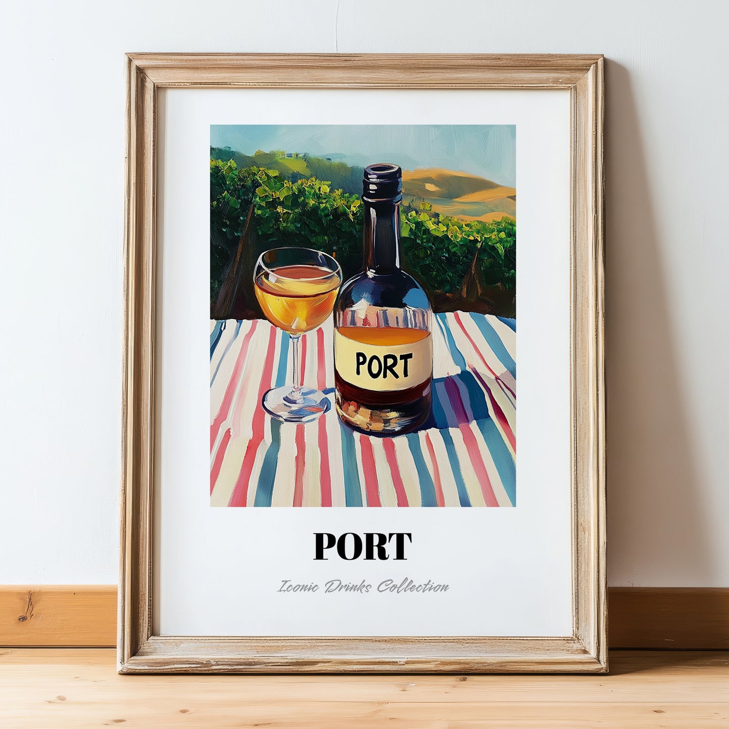 Port – Portuguese Hilltop Café Scene, Portuguese Dessert Wine Painting, in wooden frame leaning on the floor