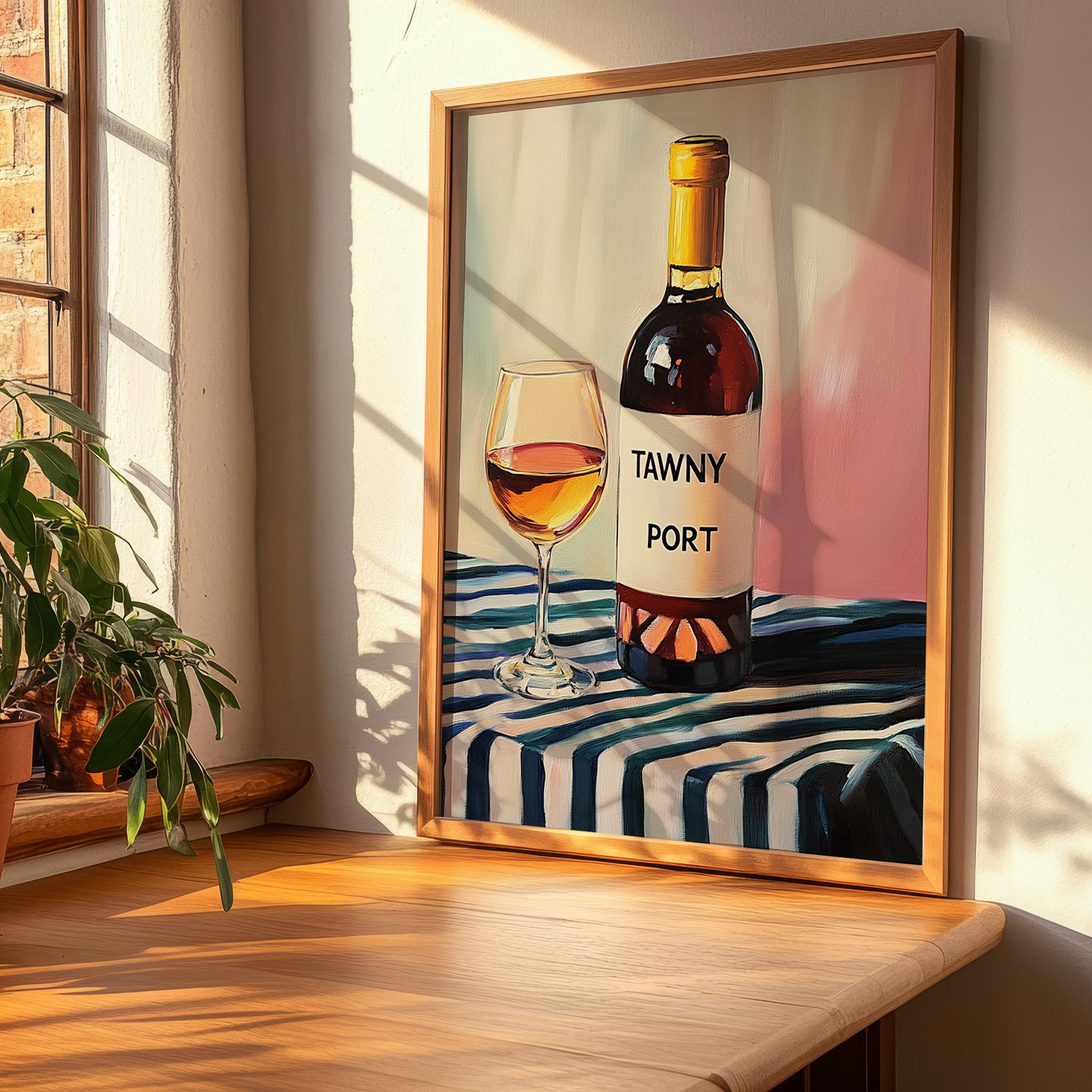 Tawny Port – on Striped Tablecloth, Portuguese Dessert Wine Wall Decor, clean layout with no caption