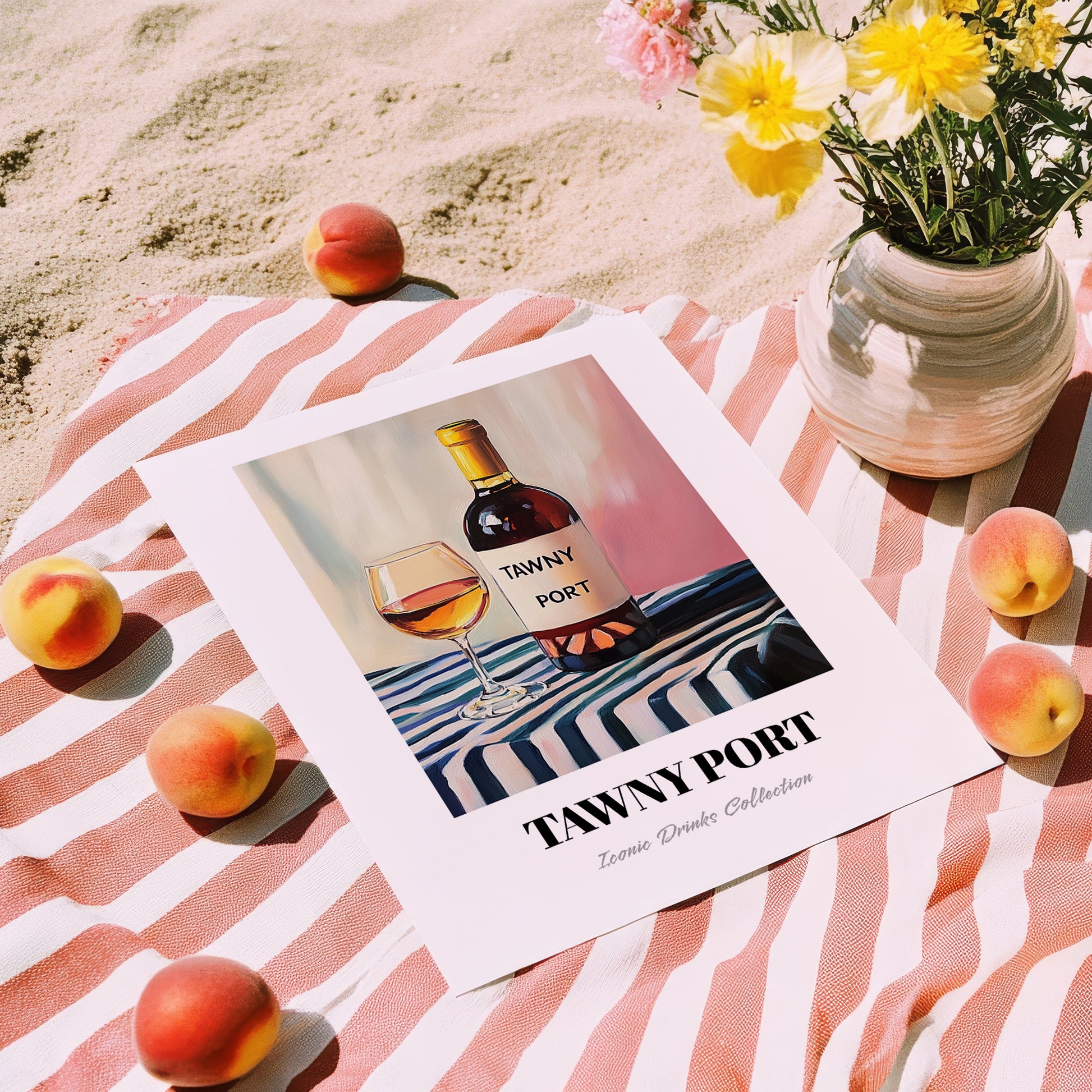 Tawny Port – on Striped Tablecloth, Portuguese Dessert Wine Wall Decor, unframed on coastal sand