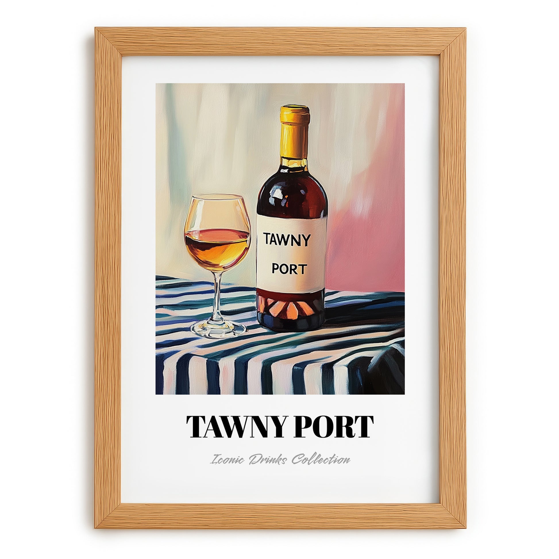 Tawny Port – on Striped Tablecloth, Portuguese Dessert Wine Wall Decor, set in oak frame