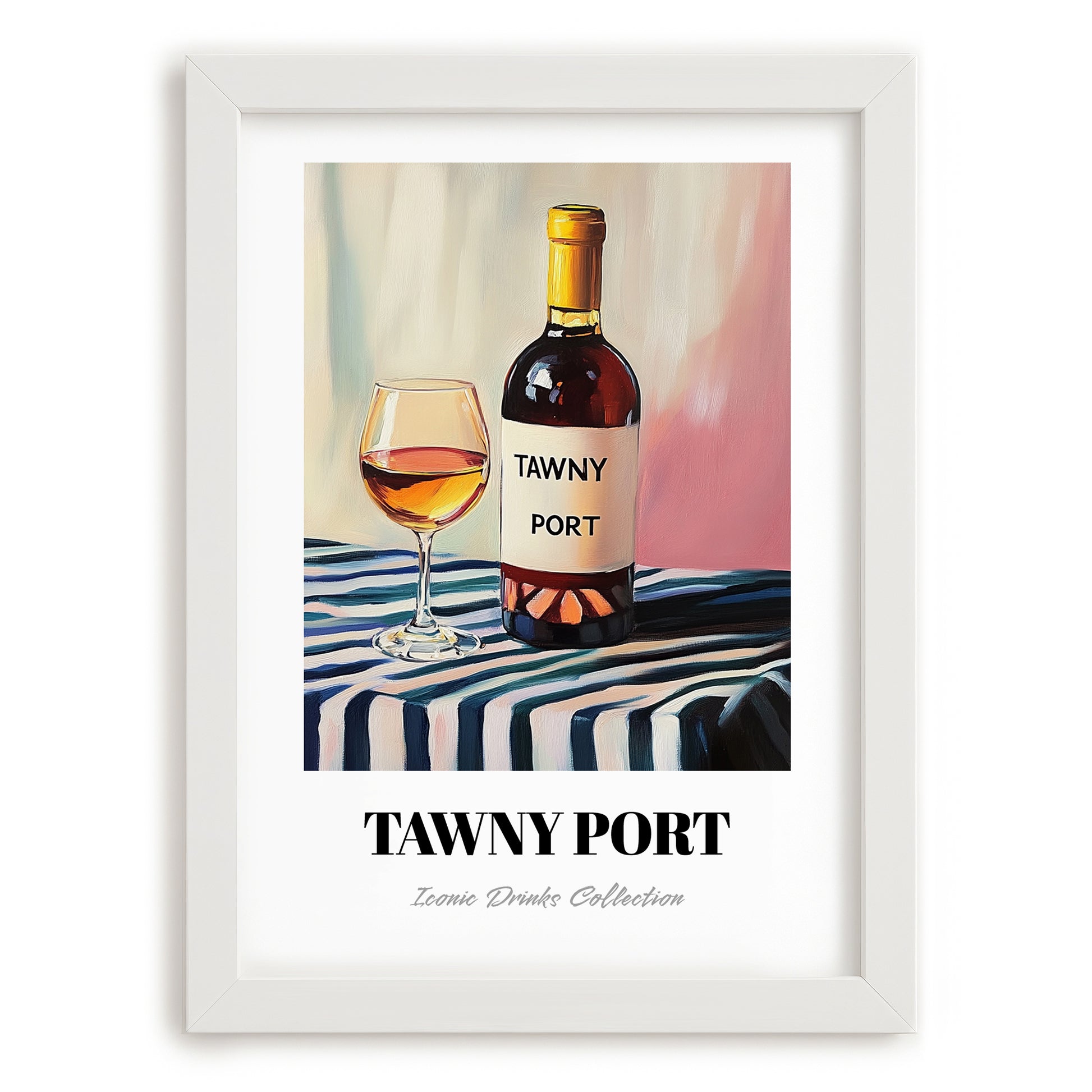 Tawny Port – on Striped Tablecloth, Portuguese Dessert Wine Wall Decor, placed in minimal white frame