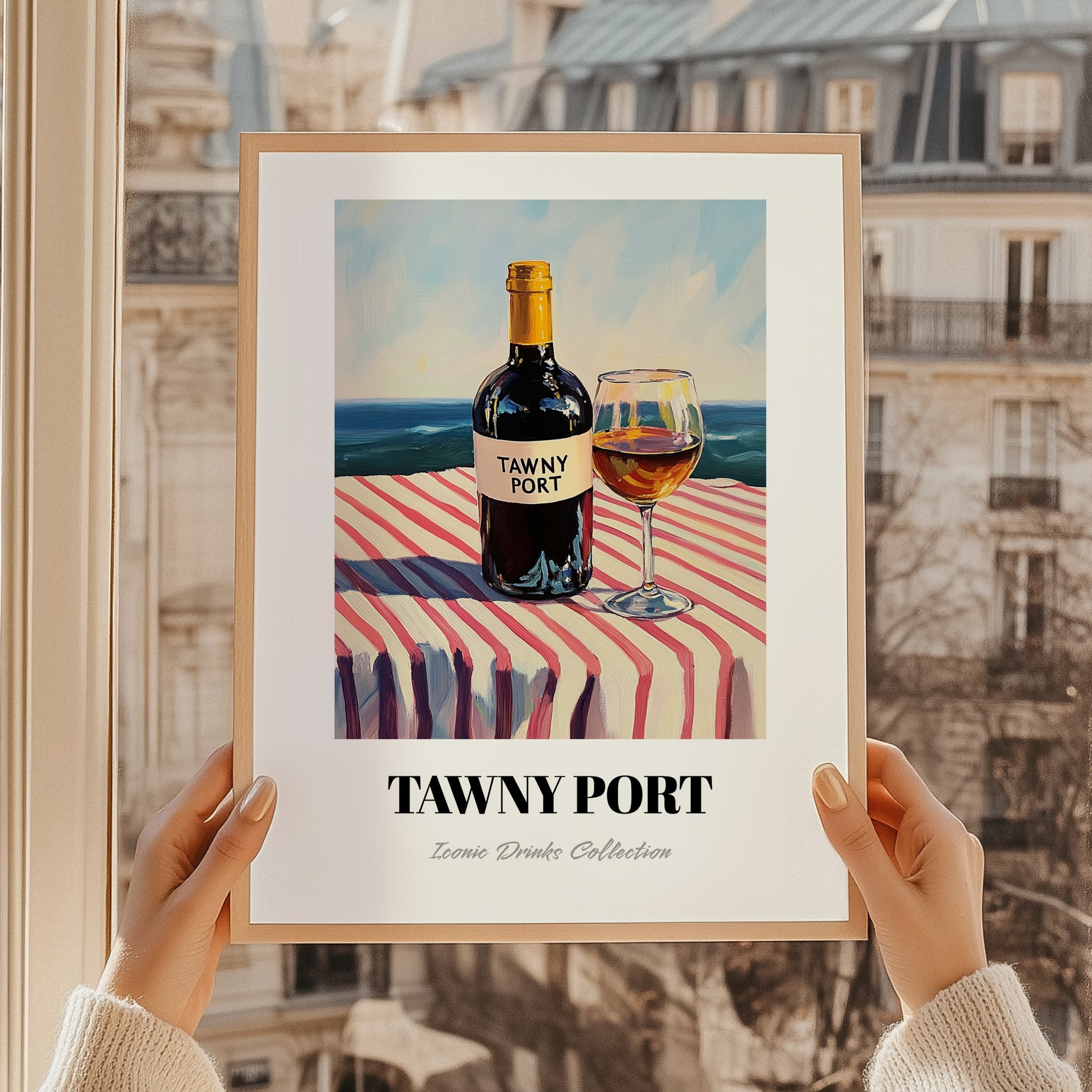 Tawny Port – Portuguese Coastal Café Moment, Portuguese Dessert Wine Wall Art, styled in a charming Paris street view