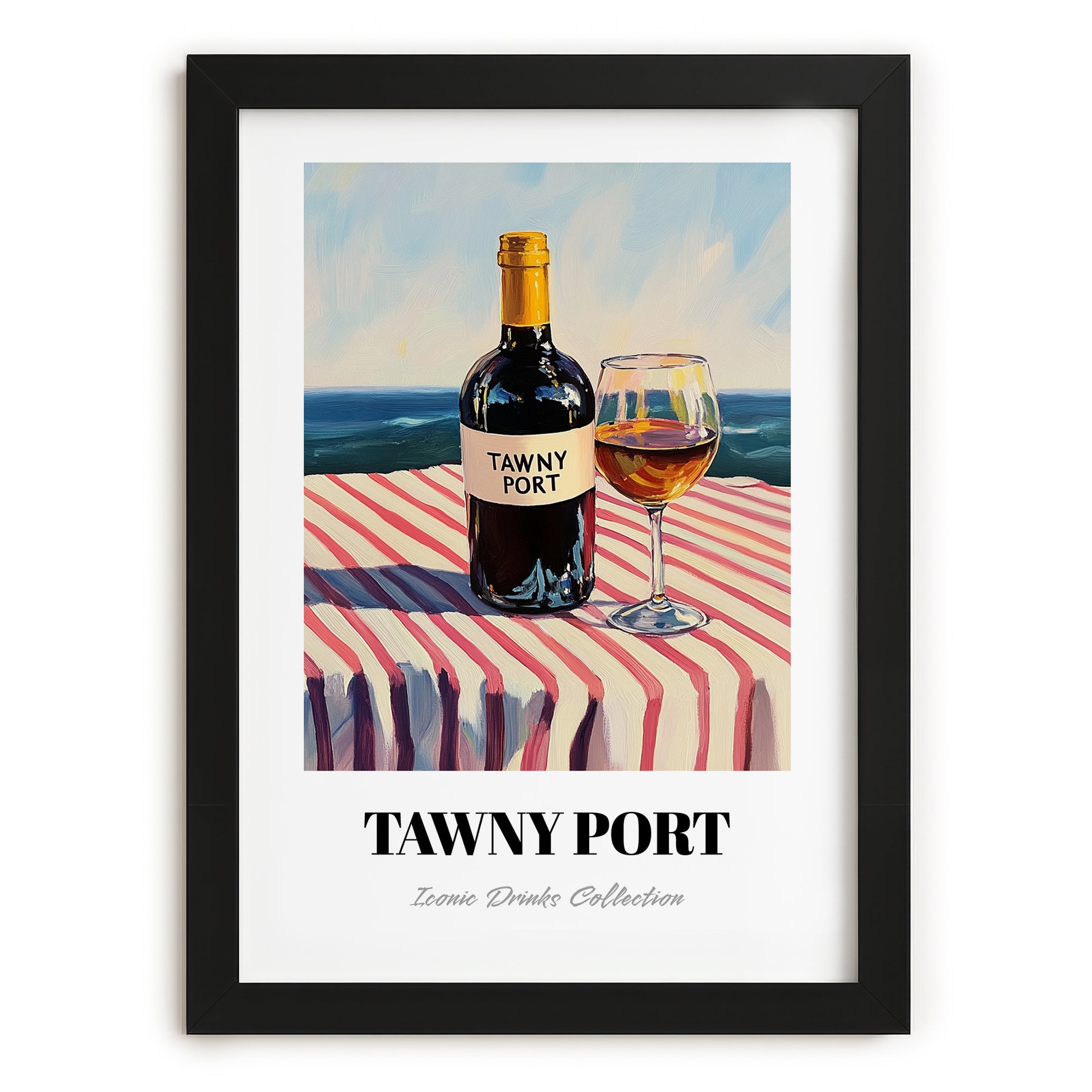 Tawny Port – Portuguese Coastal Café Moment, Portuguese Dessert Wine Wall Art, in sleek black frame
