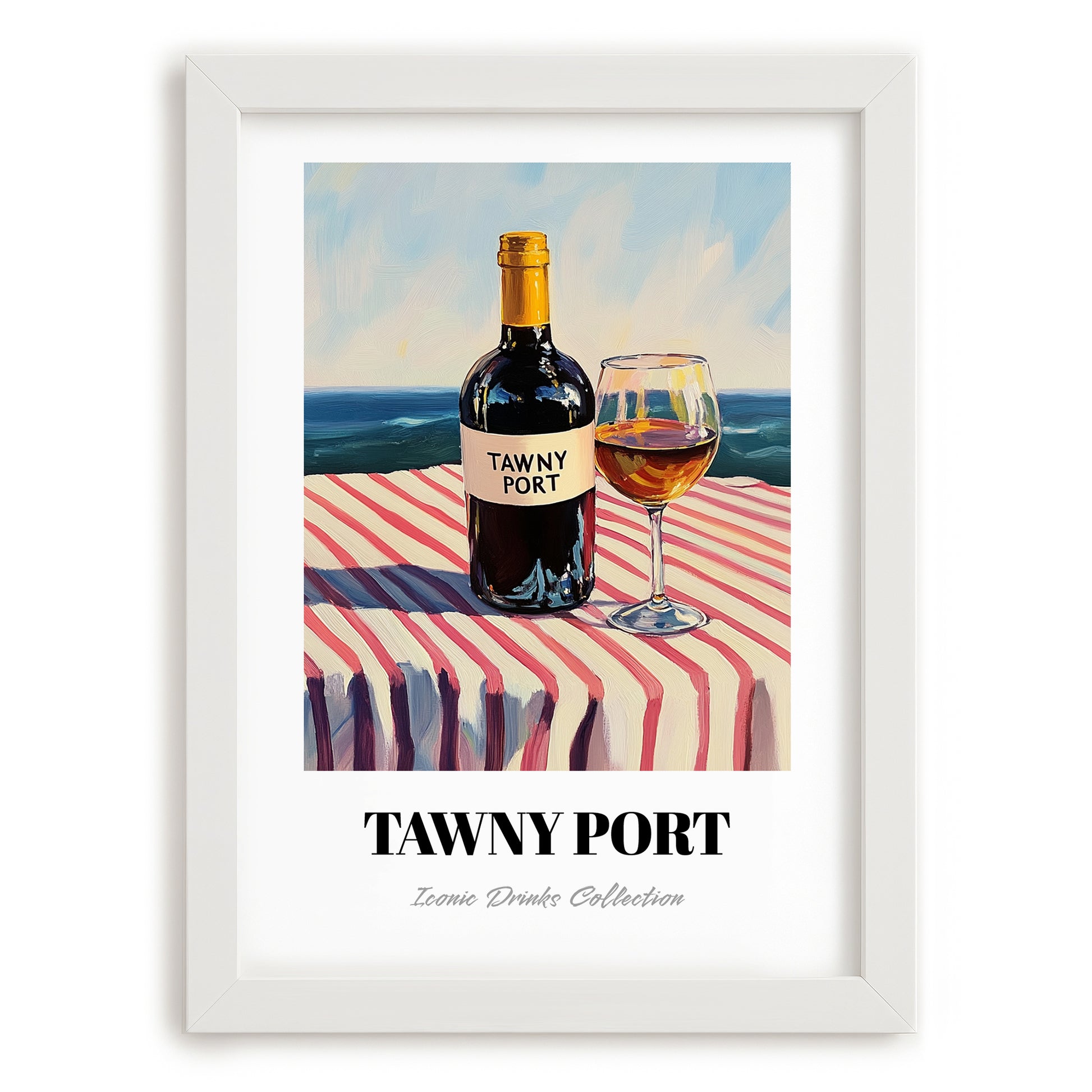 Tawny Port – Portuguese Coastal Café Moment, Portuguese Dessert Wine Wall Art, placed in minimal white frame