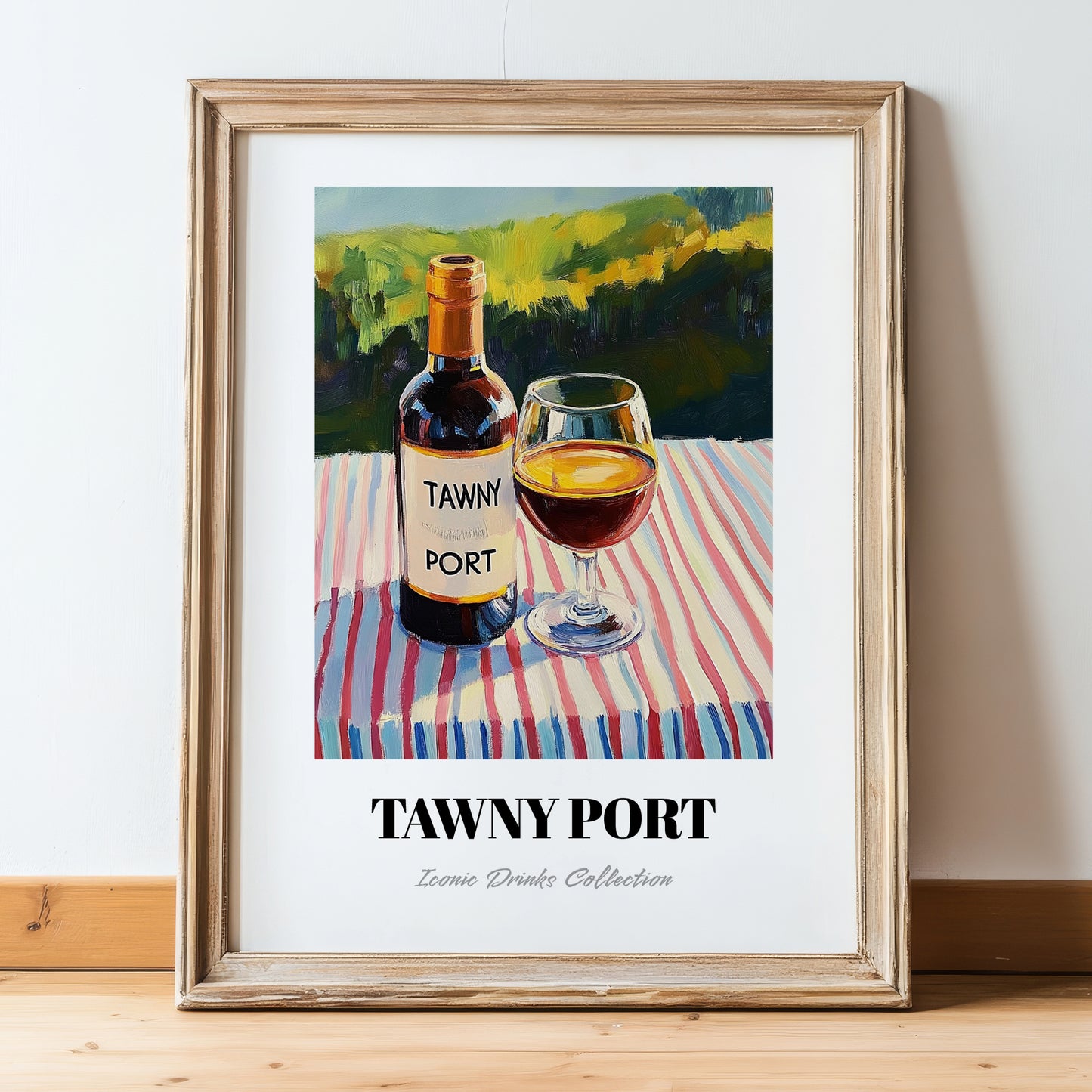 Tawny Port – Portuguese Hilltop Café Scene, Portuguese Dessert Wine Wall Decor, in wooden frame leaning on the floor