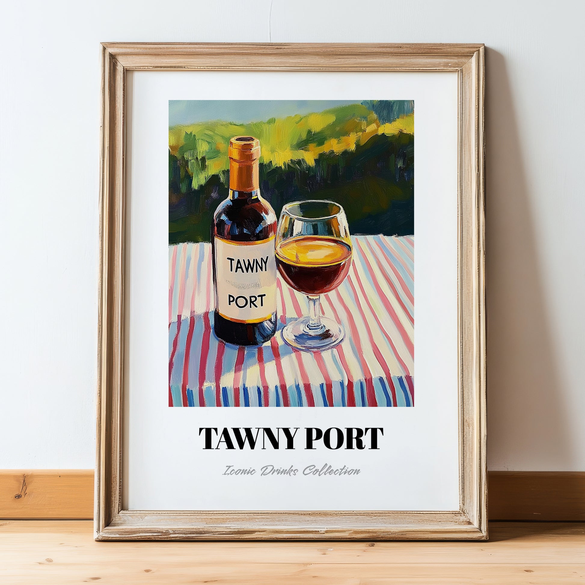 Tawny Port – Portuguese Hilltop Café Scene, Portuguese Dessert Wine Wall Decor, in wooden frame leaning on the floor