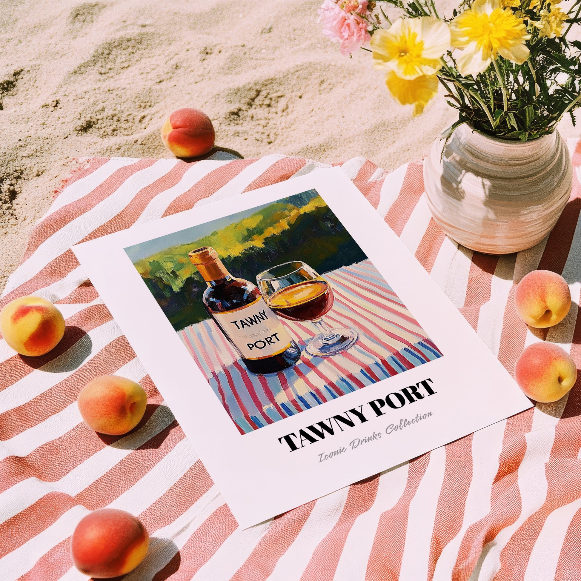 Tawny Port – Portuguese Hilltop Café Scene, Portuguese Dessert Wine Wall Decor, unframed on coastal sand