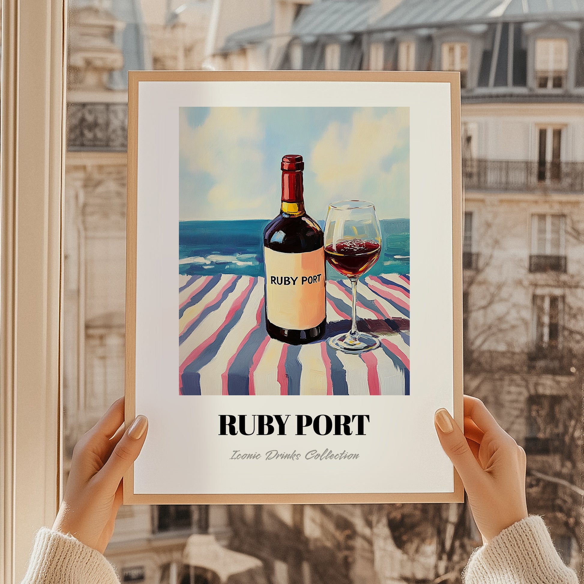 Ruby Port – Portuguese Seaside Scene, Portuguese Dessert Wine Wall Illustration, styled in a charming Paris street view