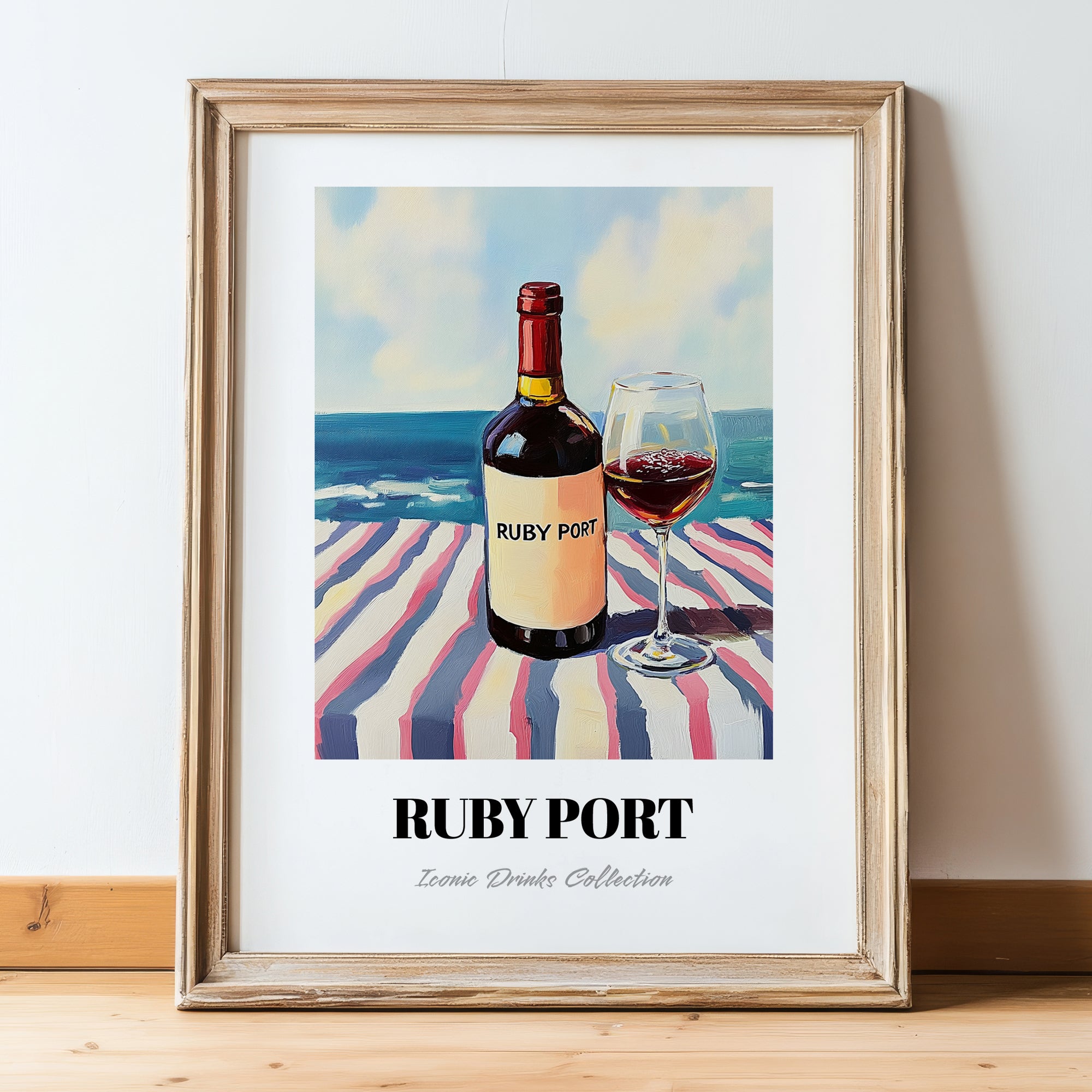 Ruby Port – Portuguese Seaside Scene, Portuguese Dessert Wine Wall Illustration, in wooden frame leaning on the floor