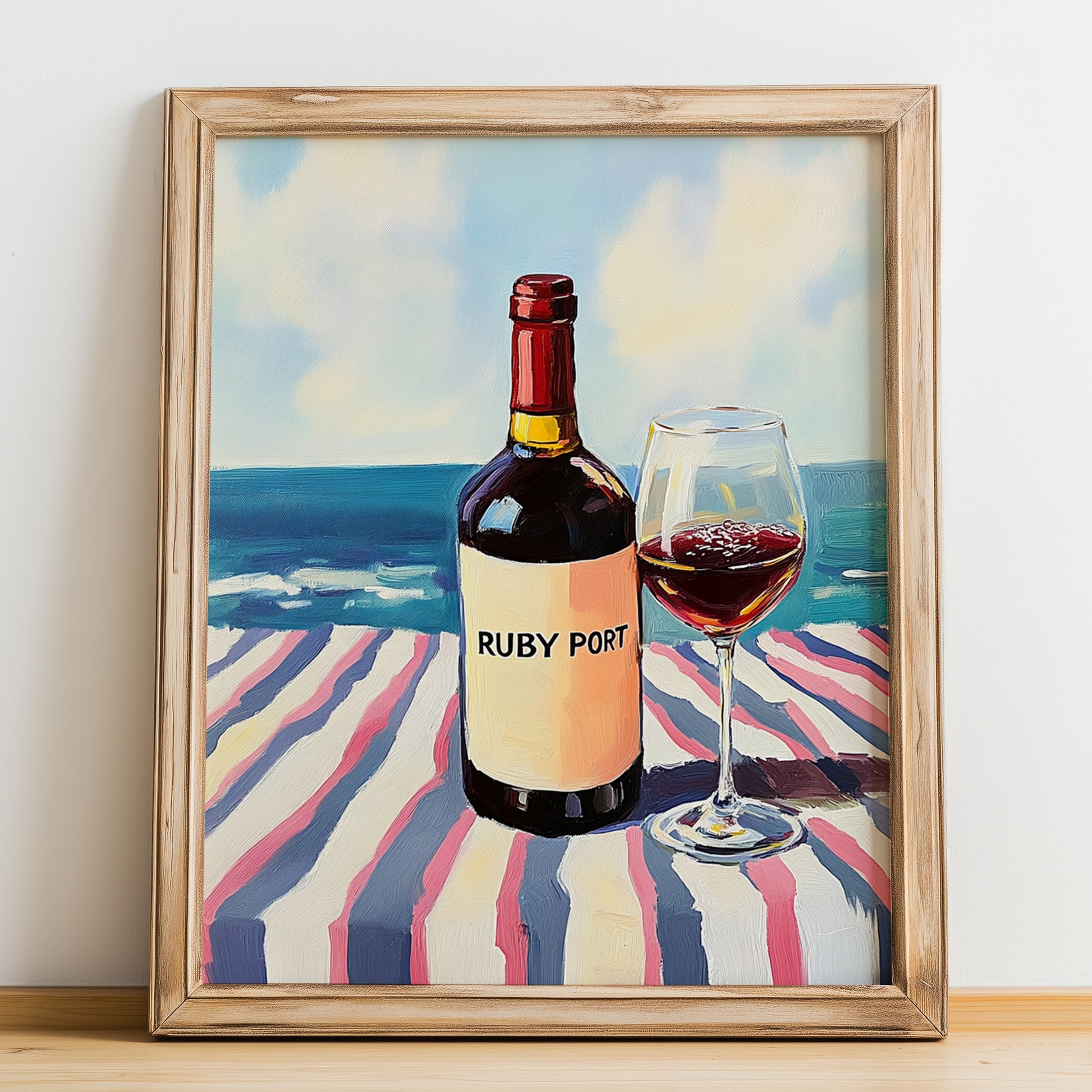 Ruby Port – Portuguese Seaside Scene, Portuguese Dessert Wine Wall Illustration, no-text version framed in wood