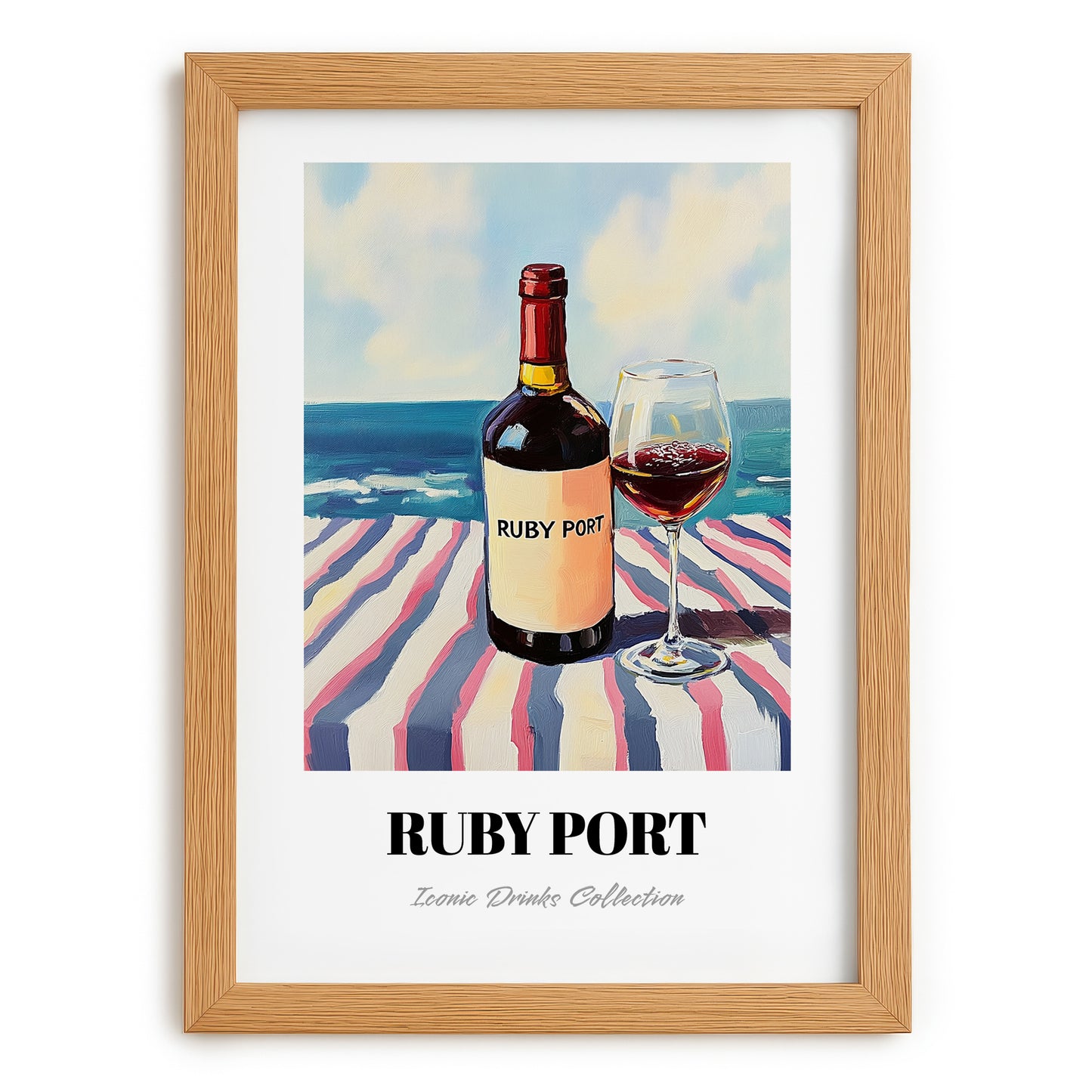 Ruby Port – Portuguese Seaside Scene, Portuguese Dessert Wine Wall Illustration, set in oak frame