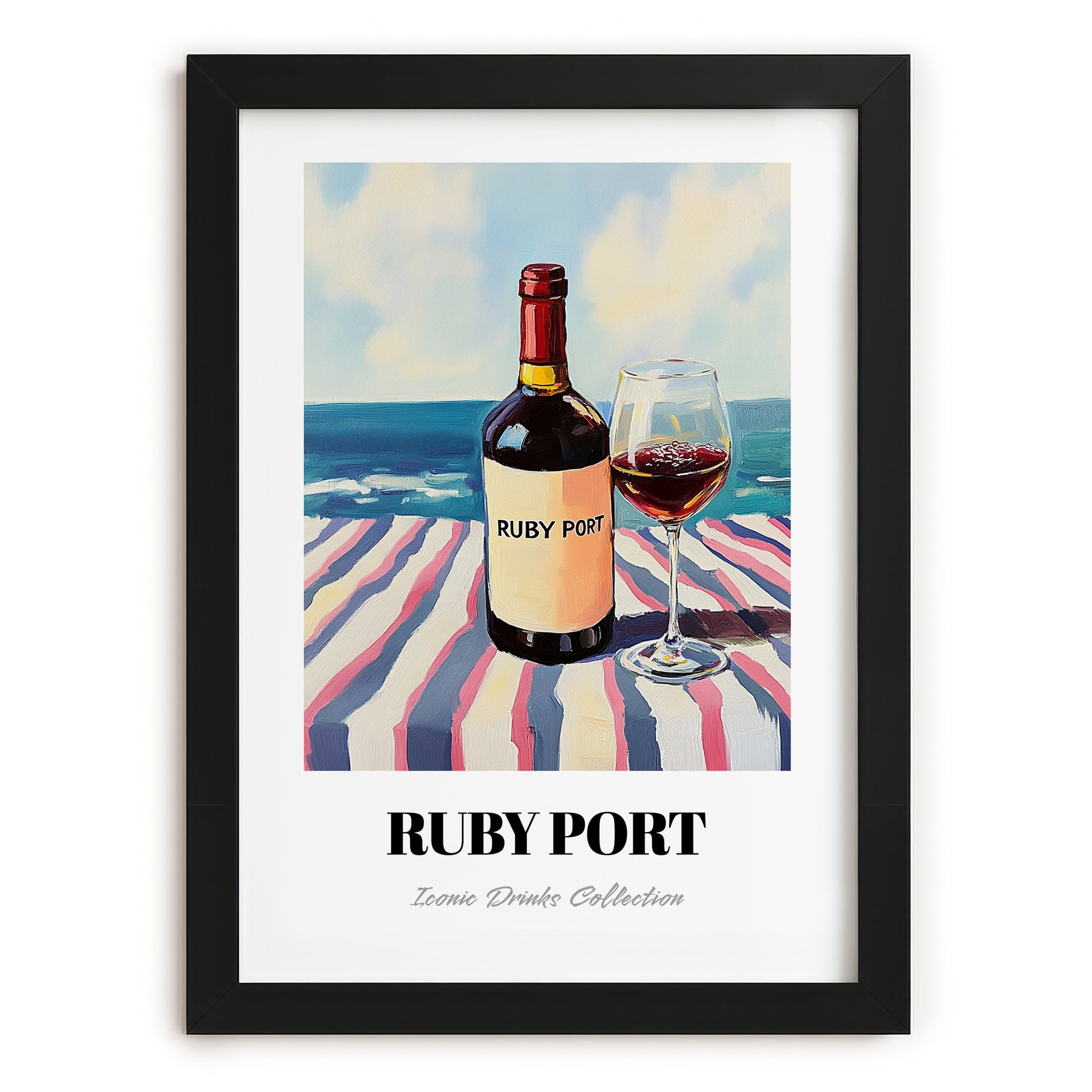 Ruby Port – Portuguese Seaside Scene, Portuguese Dessert Wine Wall Illustration, in sleek black frame