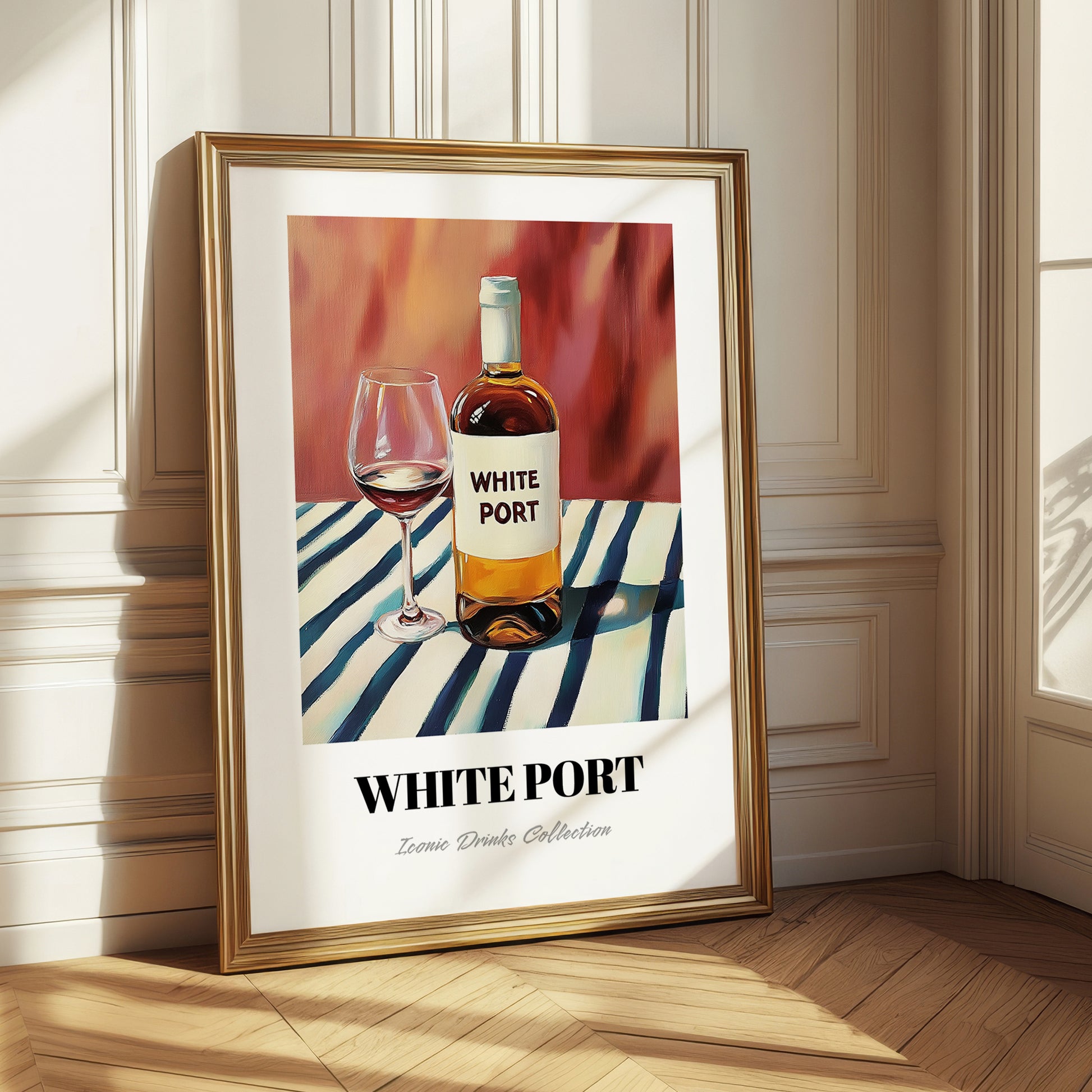 White Port – on Striped Tablecloth, Portuguese Dessert Wine Poster