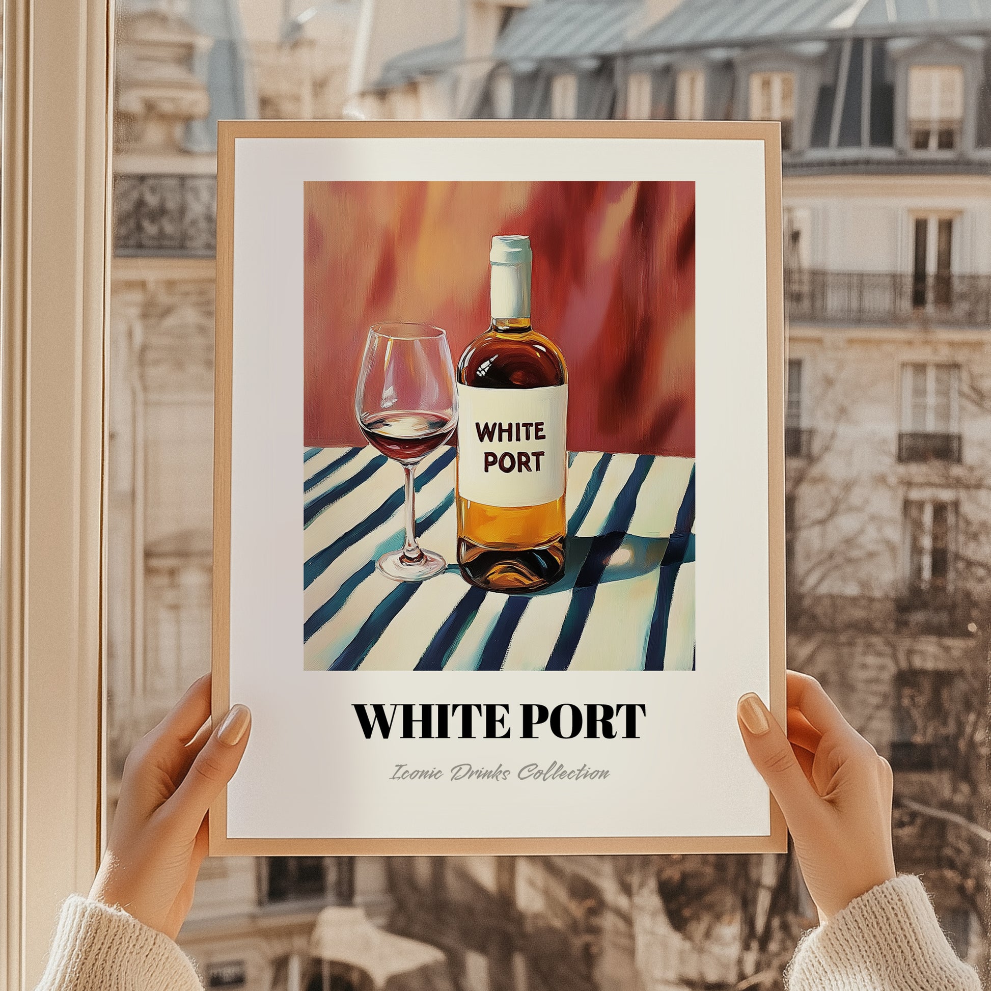 White Port – on Striped Tablecloth, Portuguese Dessert Wine Poster, styled in a charming Paris street view