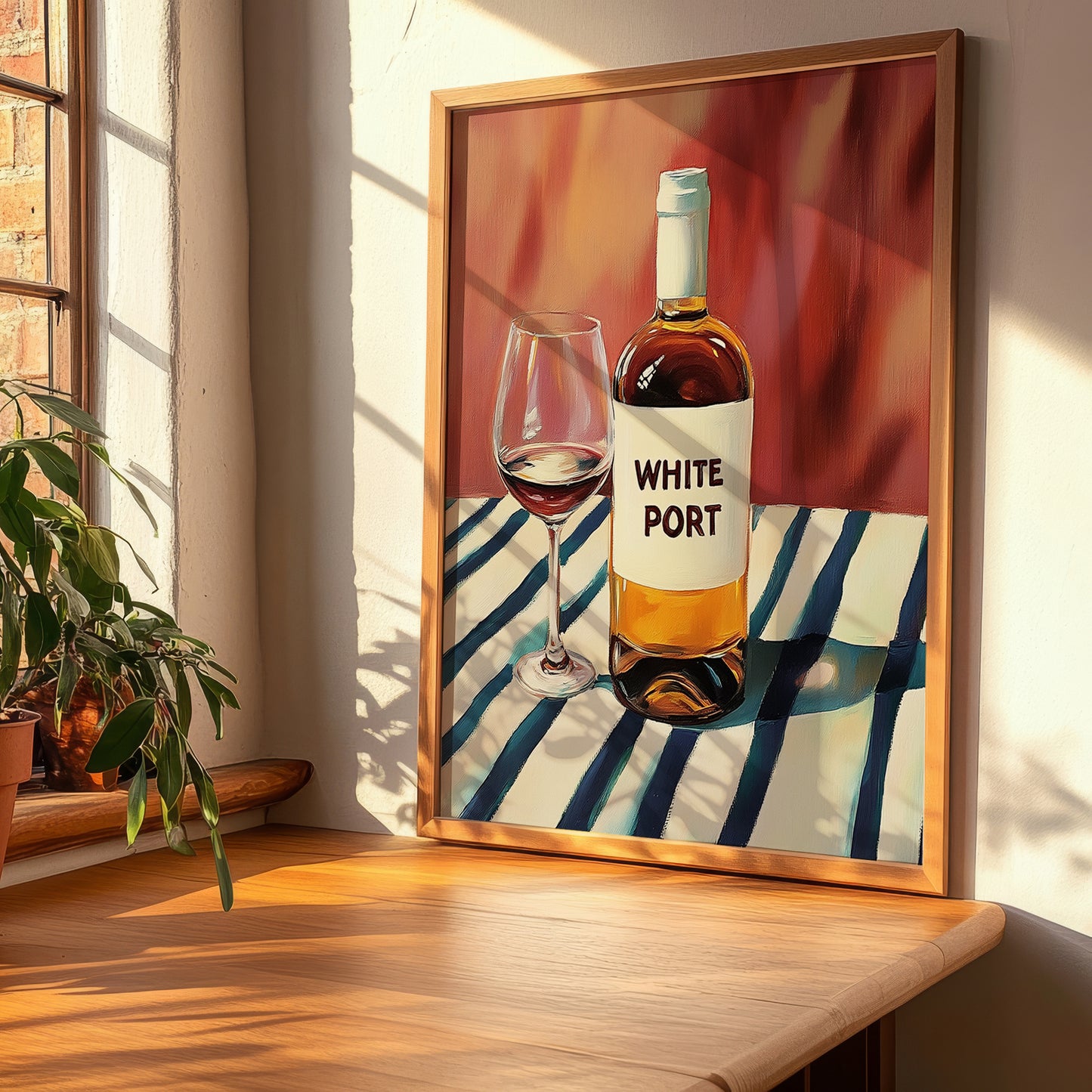 White Port – on Striped Tablecloth, Portuguese Dessert Wine Poster, clean layout with no caption