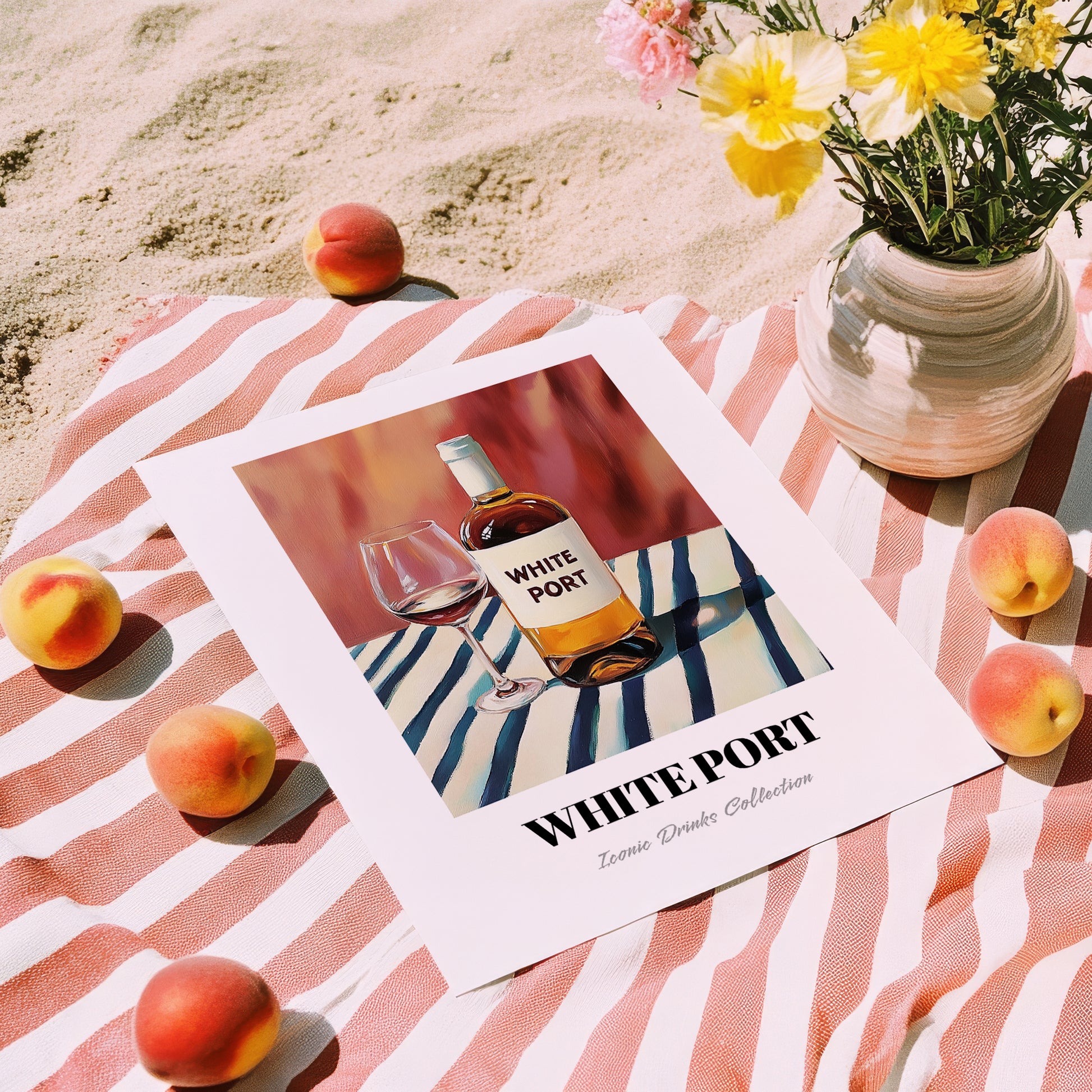 White Port – on Striped Tablecloth, Portuguese Dessert Wine Poster, unframed on coastal sand