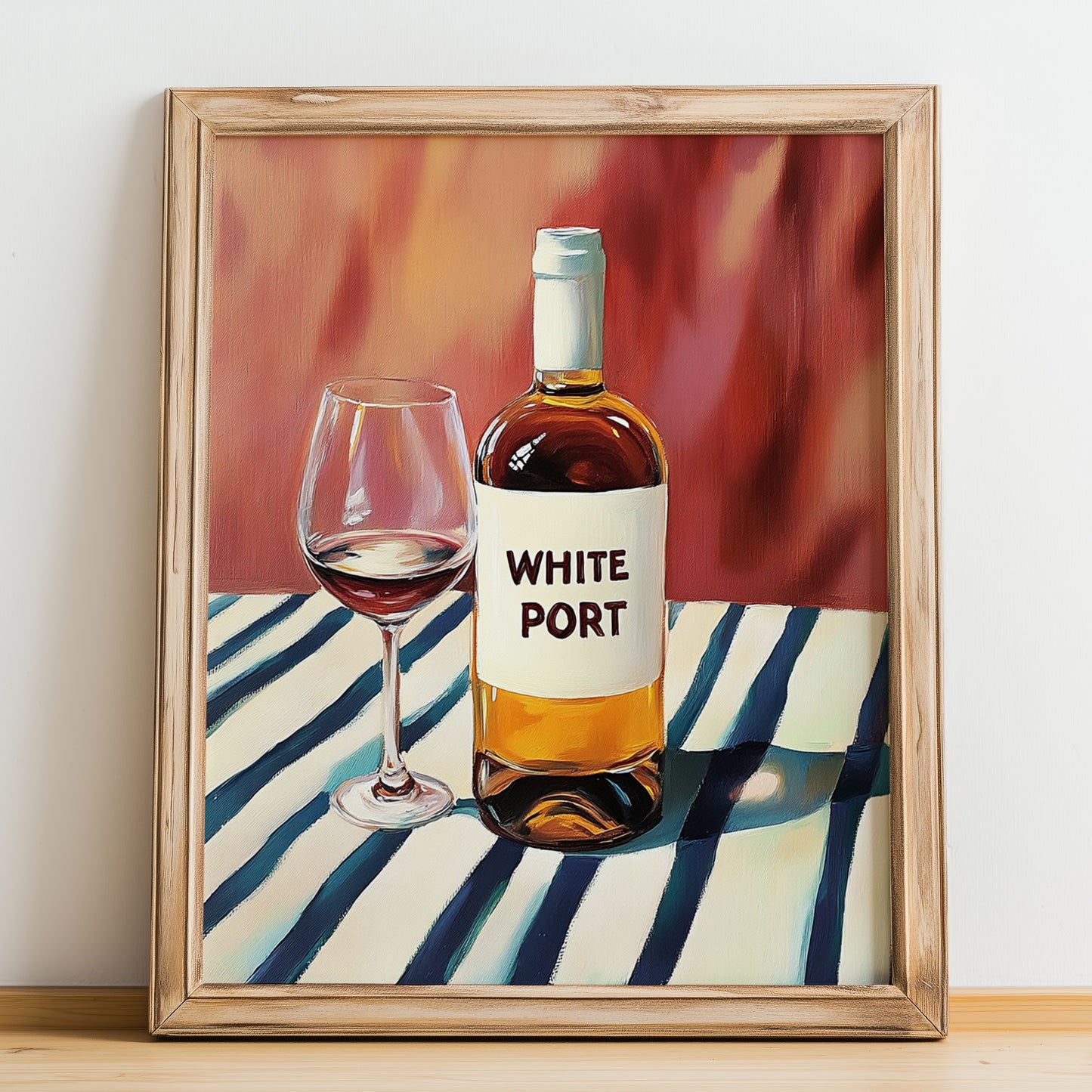 White Port – on Striped Tablecloth, Portuguese Dessert Wine Poster, no-text version framed in wood