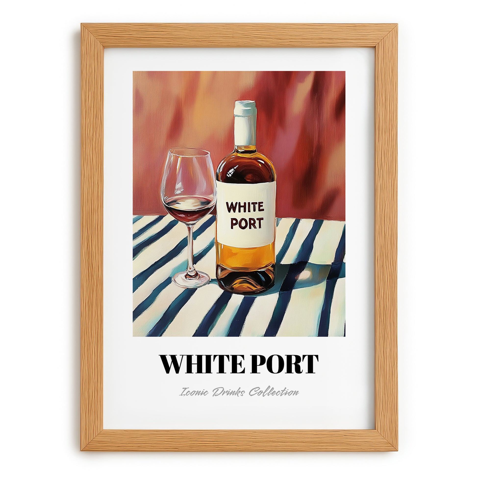 White Port – on Striped Tablecloth, Portuguese Dessert Wine Poster, set in oak frame