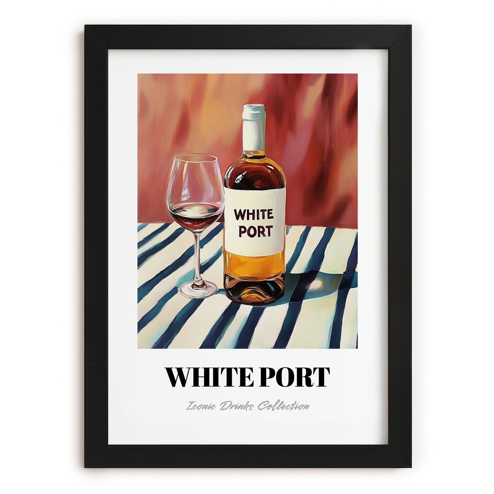 White Port – on Striped Tablecloth, Portuguese Dessert Wine Poster, in sleek black frame