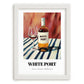 White Port – on Striped Tablecloth, Portuguese Dessert Wine Poster, placed in minimal white frame