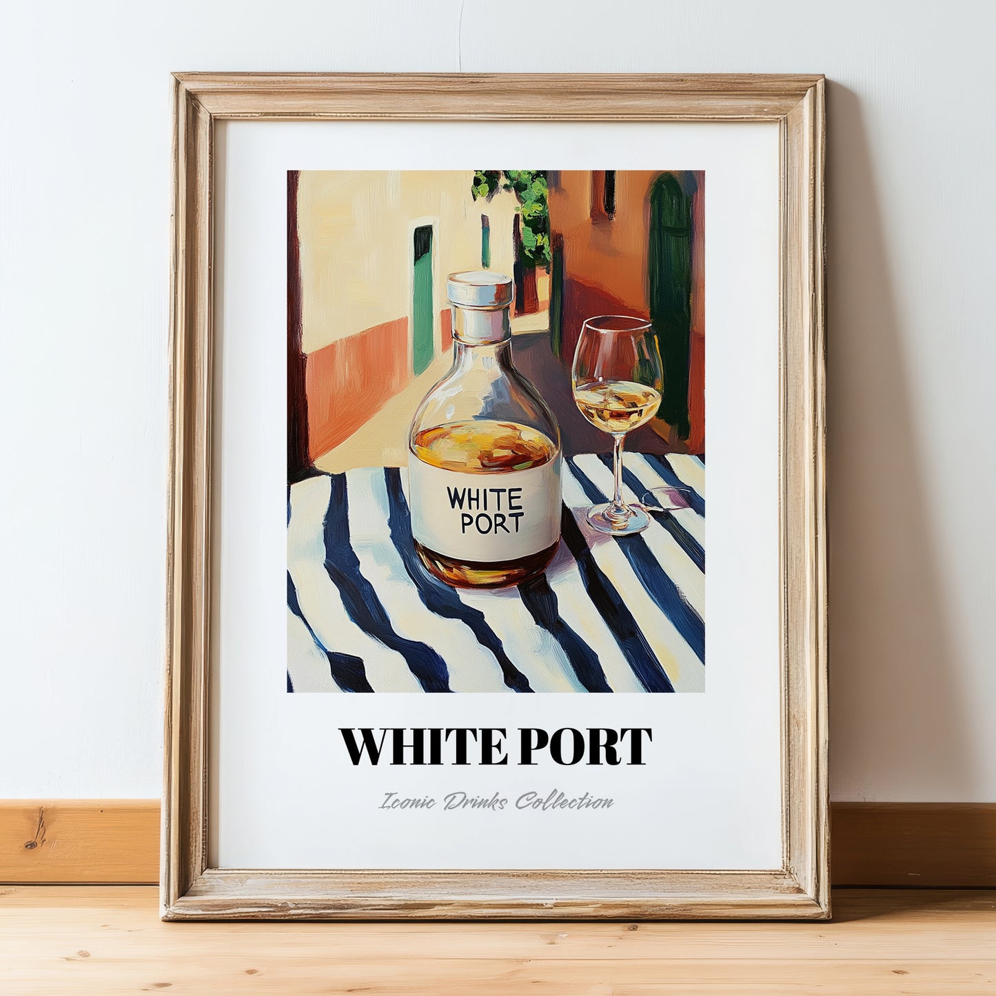 White Port – Portuguese Urban Café Scene, Portuguese Dessert Wine Wall Decor, in wooden frame leaning on the floor