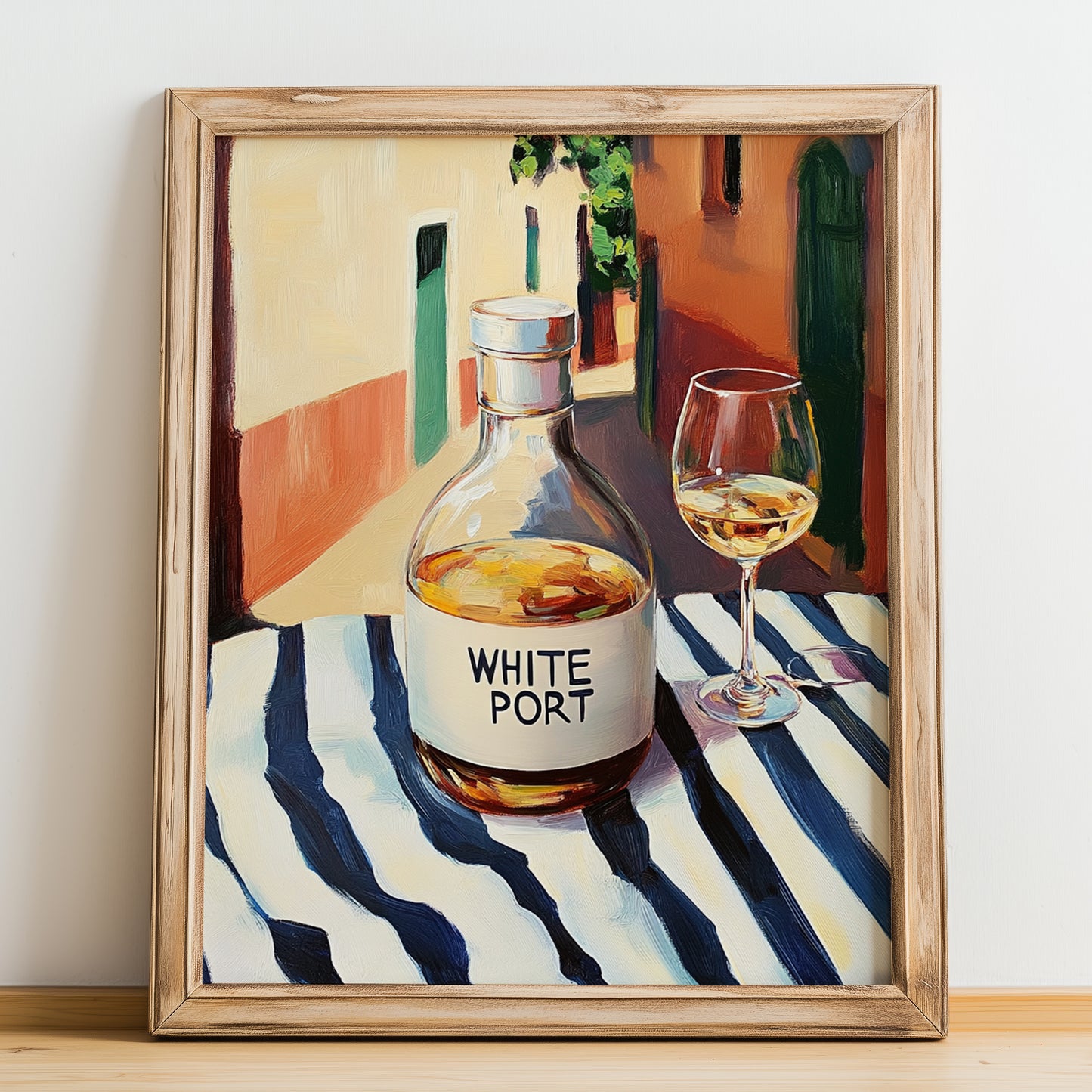 White Port – Portuguese Urban Café Scene, Portuguese Dessert Wine Wall Decor, no-text version framed in wood